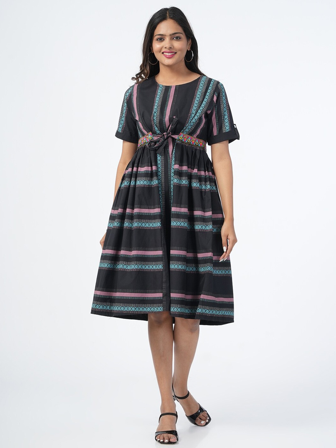 

Genius18 Striped Lace Belted Pure Cotton Fit And Flare Midi Dress, Black