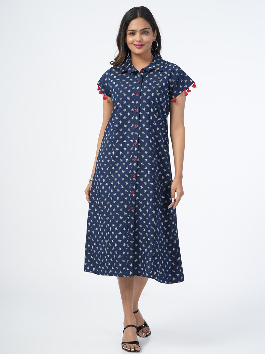 

Genius18 Polka Dot Printed Shirt Midi Dress, Blue