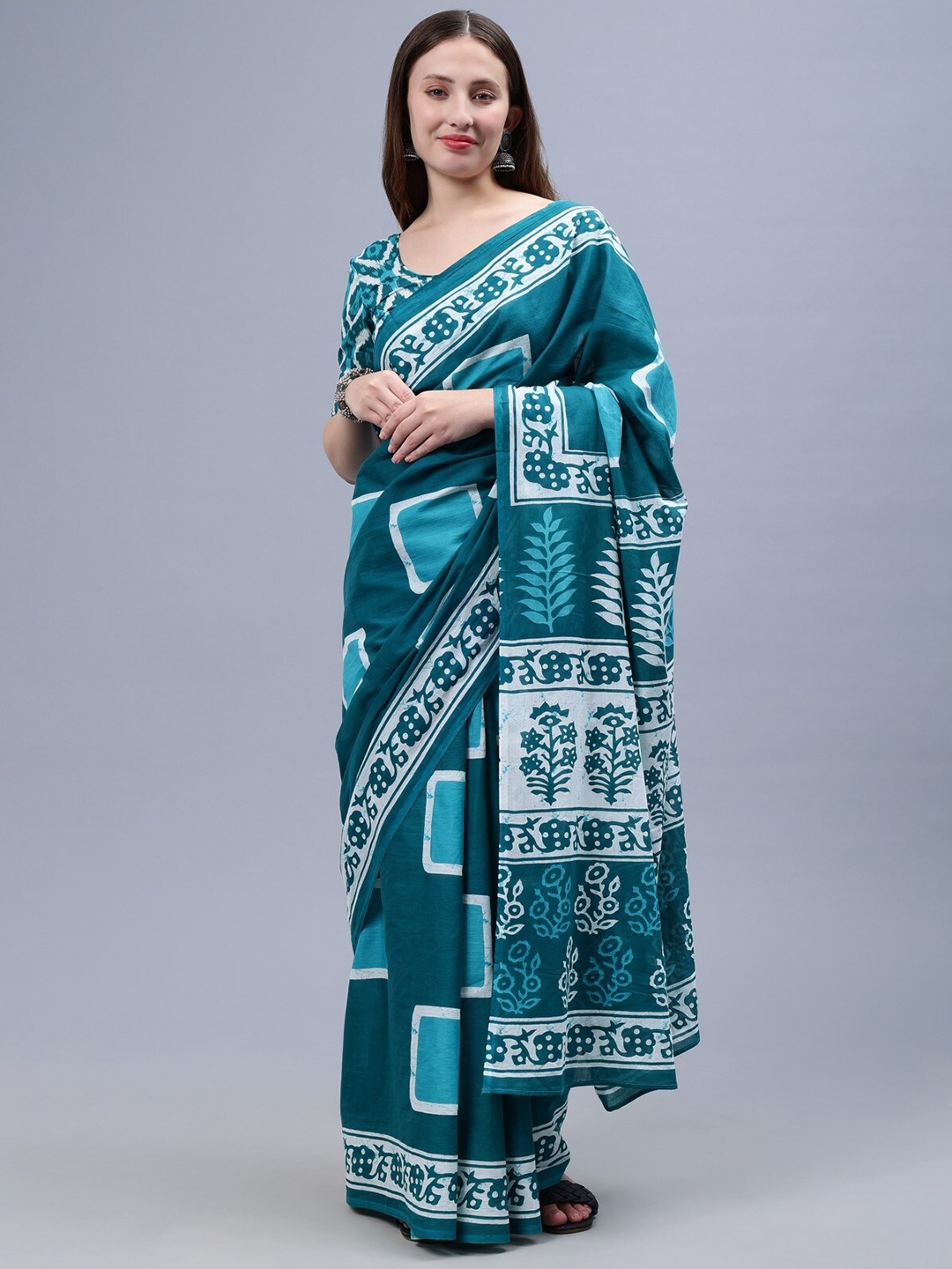 

THE VASILIKI Geometric Printed Mulmul Cotton Saree, Turquoise blue