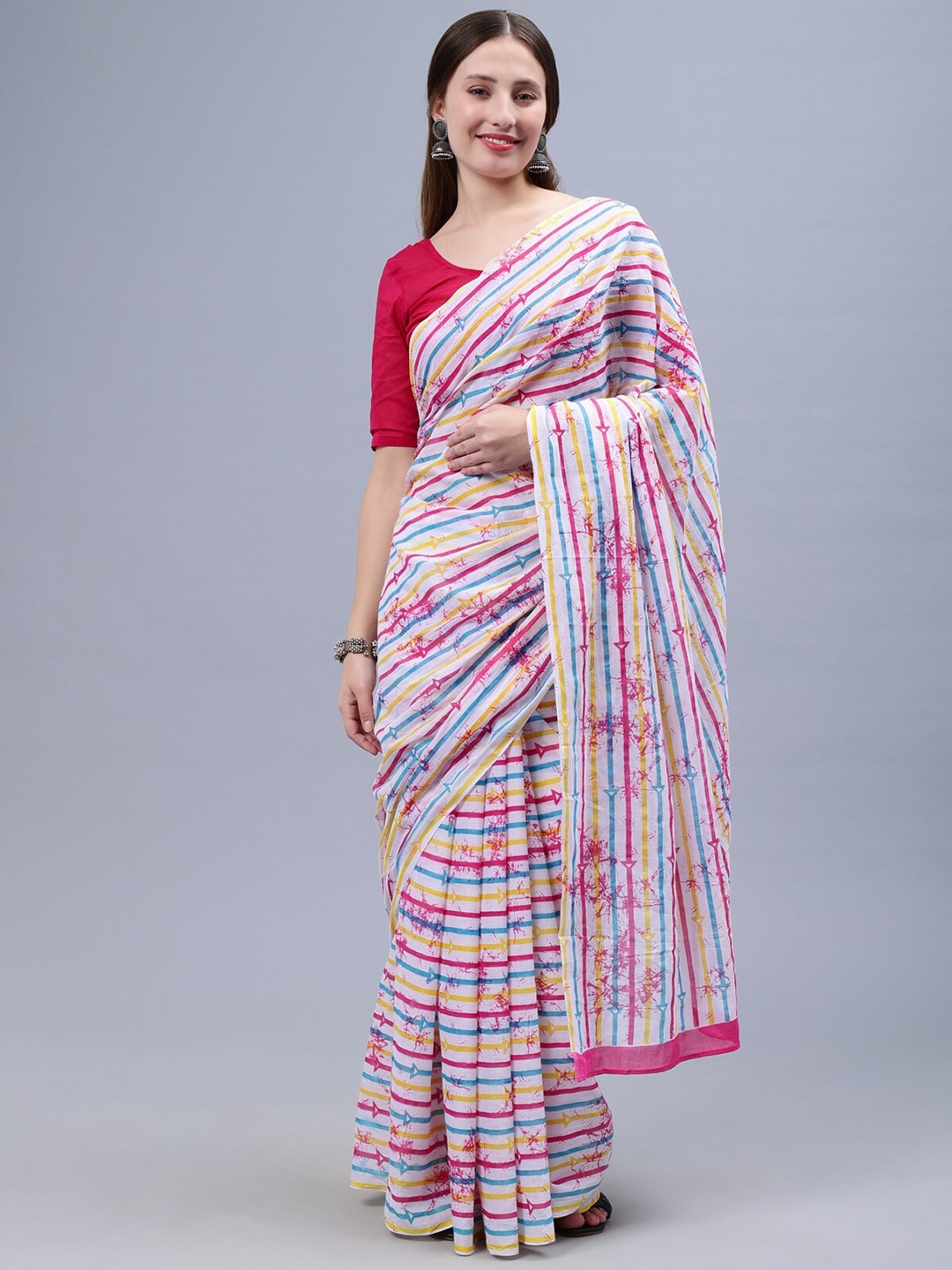 THE VASILIKI Striped Printed Mulmul Cotton Saree, Pink