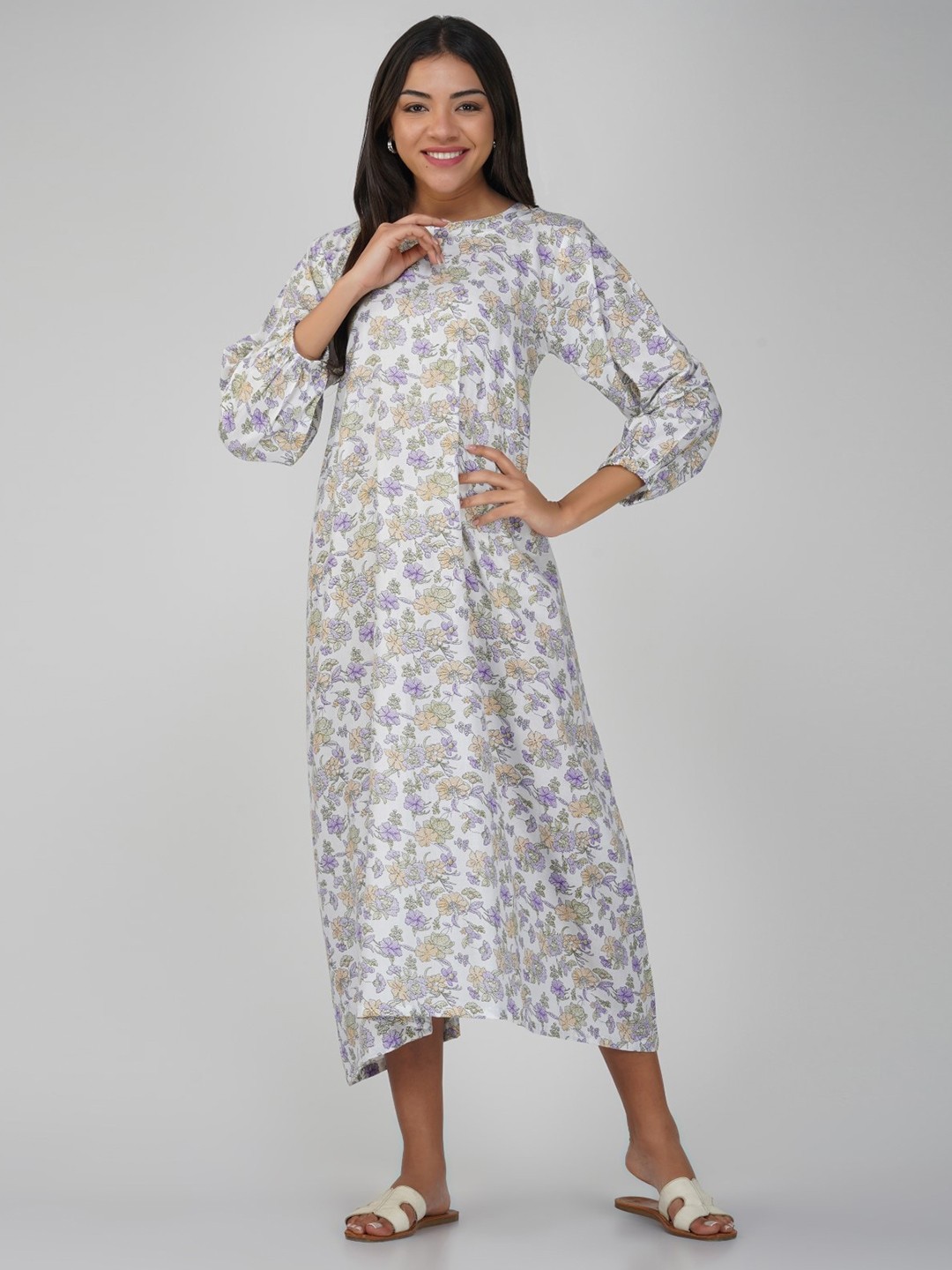 

THE VASILIKI Floral Printed Boat Neck Cotton A-Line Midi Dress, White
