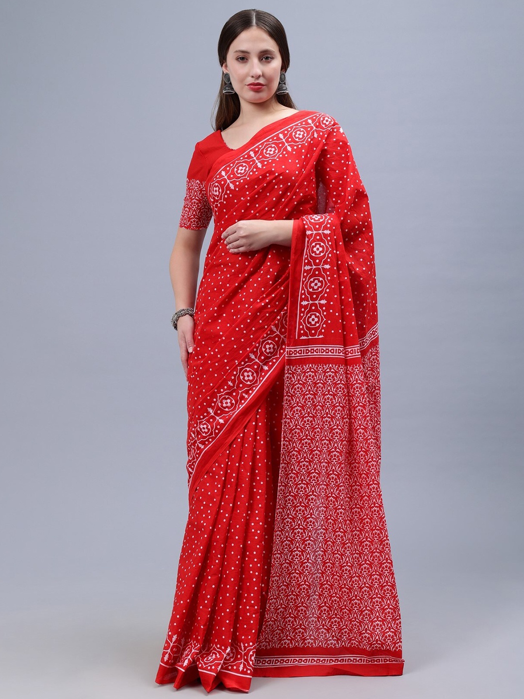 

THE VASILIKI Polka Dot Pure Cotton Saree, Red