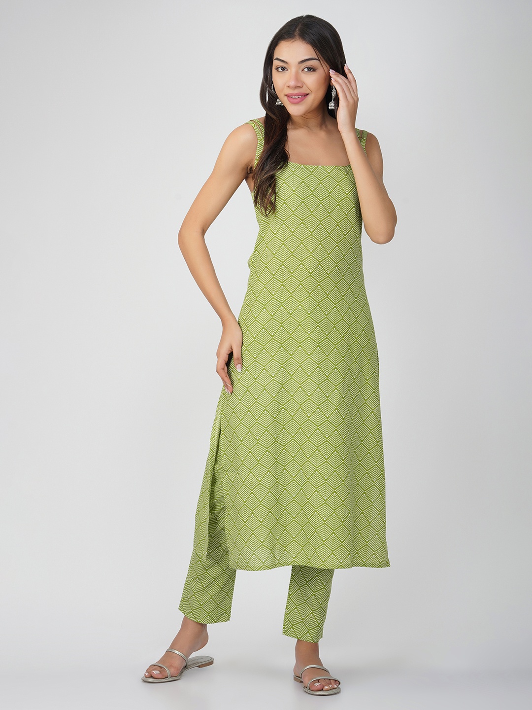 

THE VASILIKI Printed Regular Pure Cotton Kurta with Trouser, Green