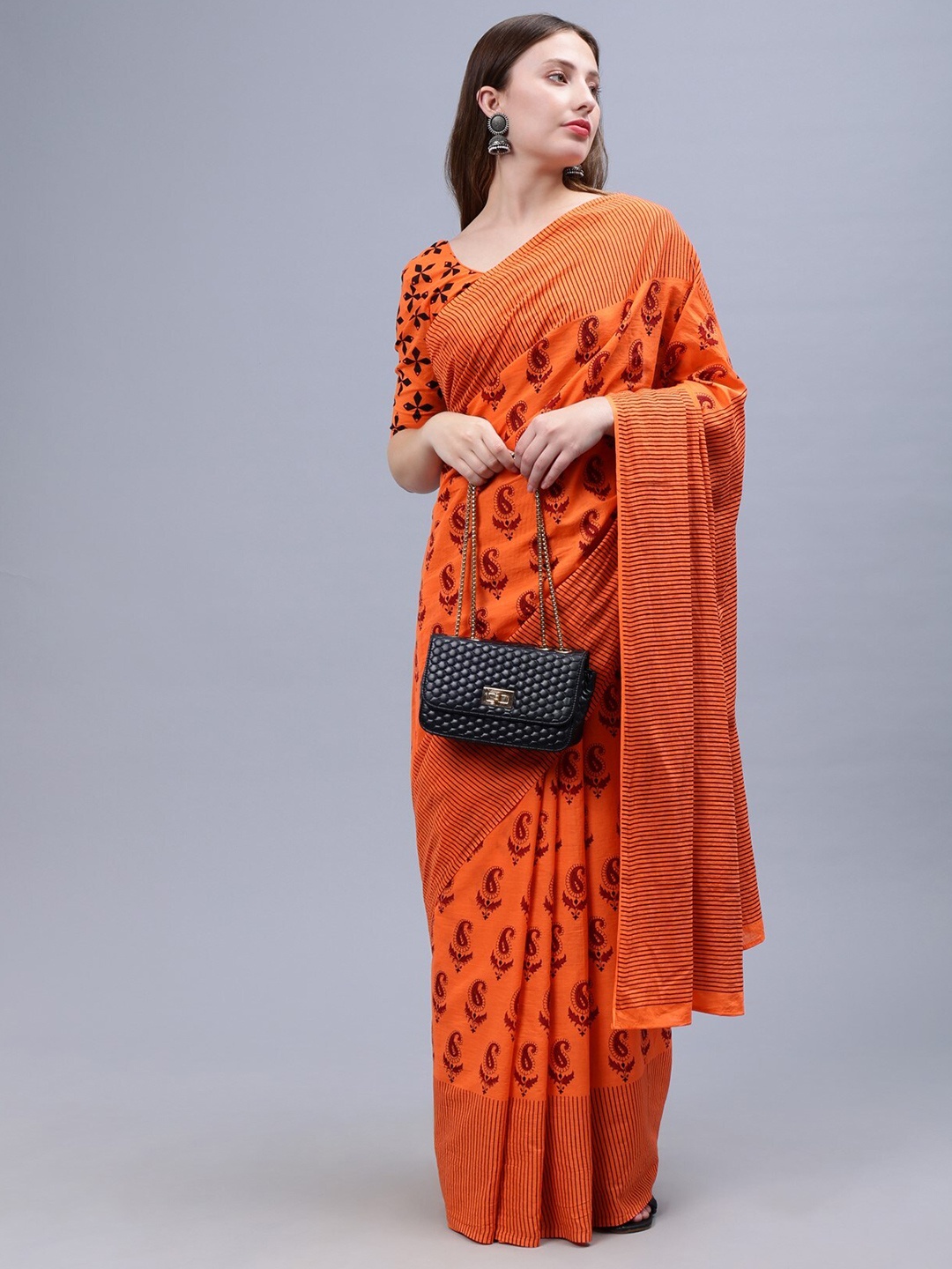 THE VASILIKI Paisley Printed Mulmul Cotton Saree, Orange