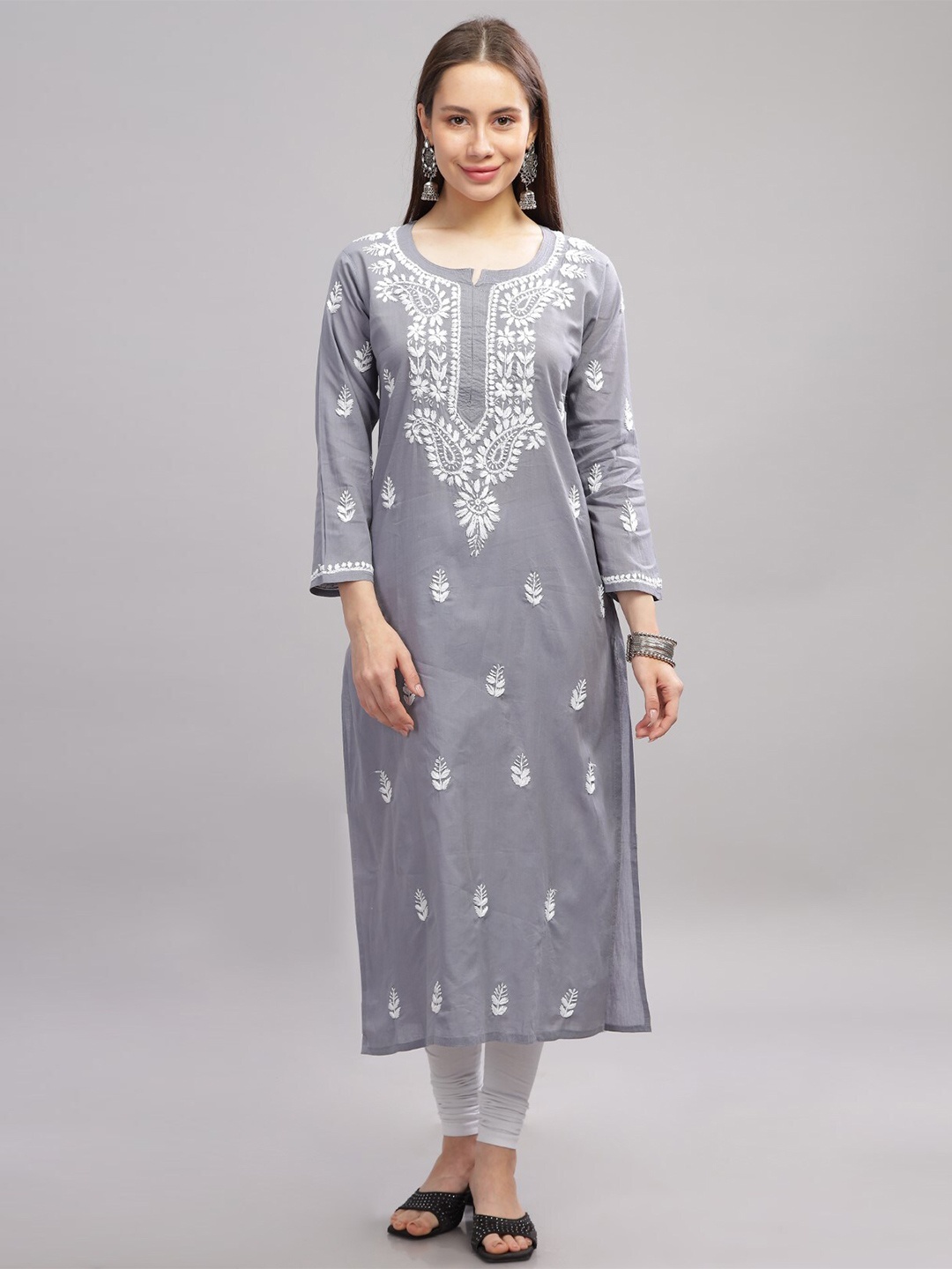 THE VASILIKI Floral Embroidered Notch Neck Cotton Straight Chikankari Kurta, Grey