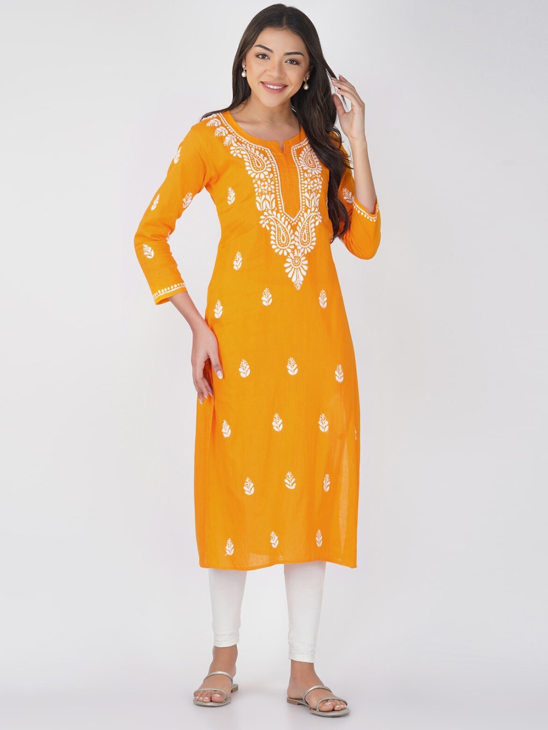 

THE VASILIKI Floral Embroidered Notch Neck Cotton Straight Chikankari Kurta, Mustard