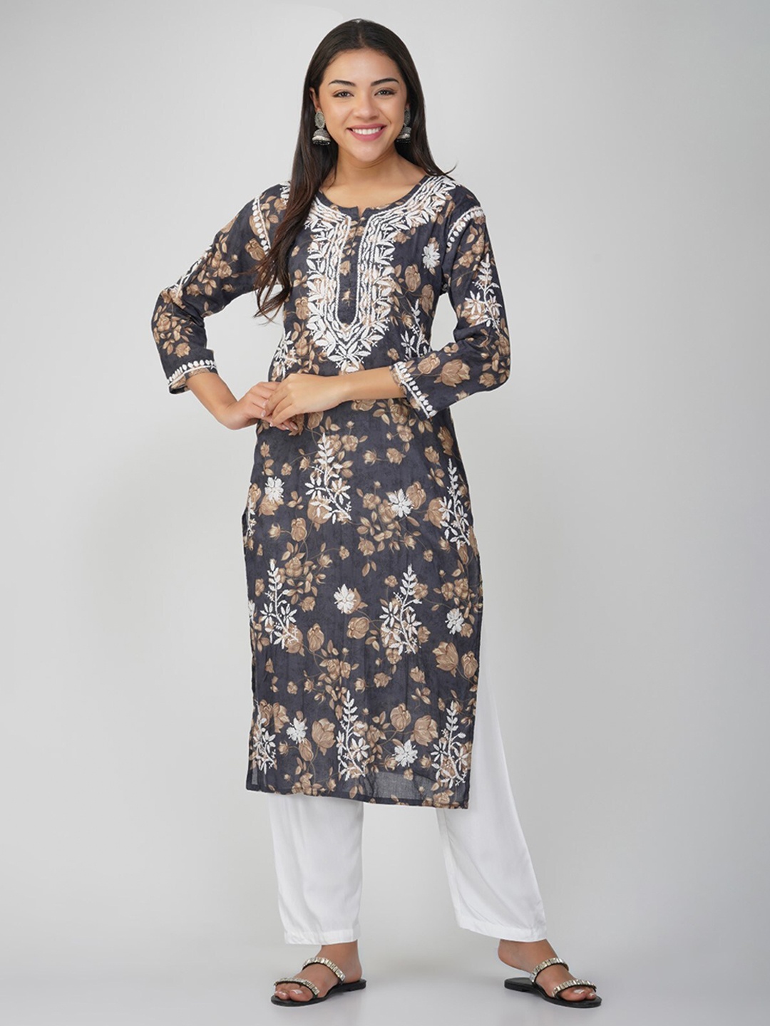 

THE VASILIKI Floral Embroidered Chikankari Cotton Straight Kurta, Blue
