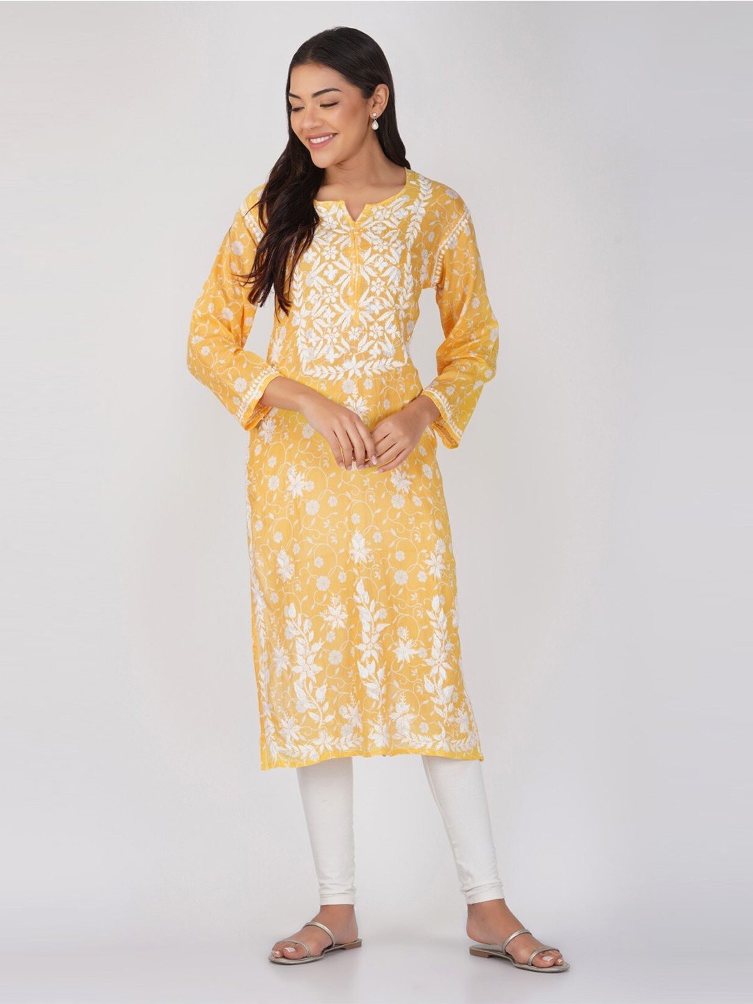 

THE VASILIKI Floral Embroidered Chikankari Cotton Straight Kurta, Yellow