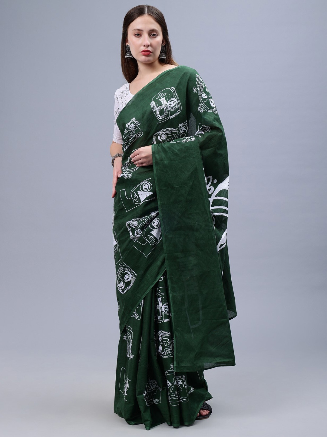 

THE VASILIKI Ethnic Motifs Printed Mulmul Cotton Saree, Green