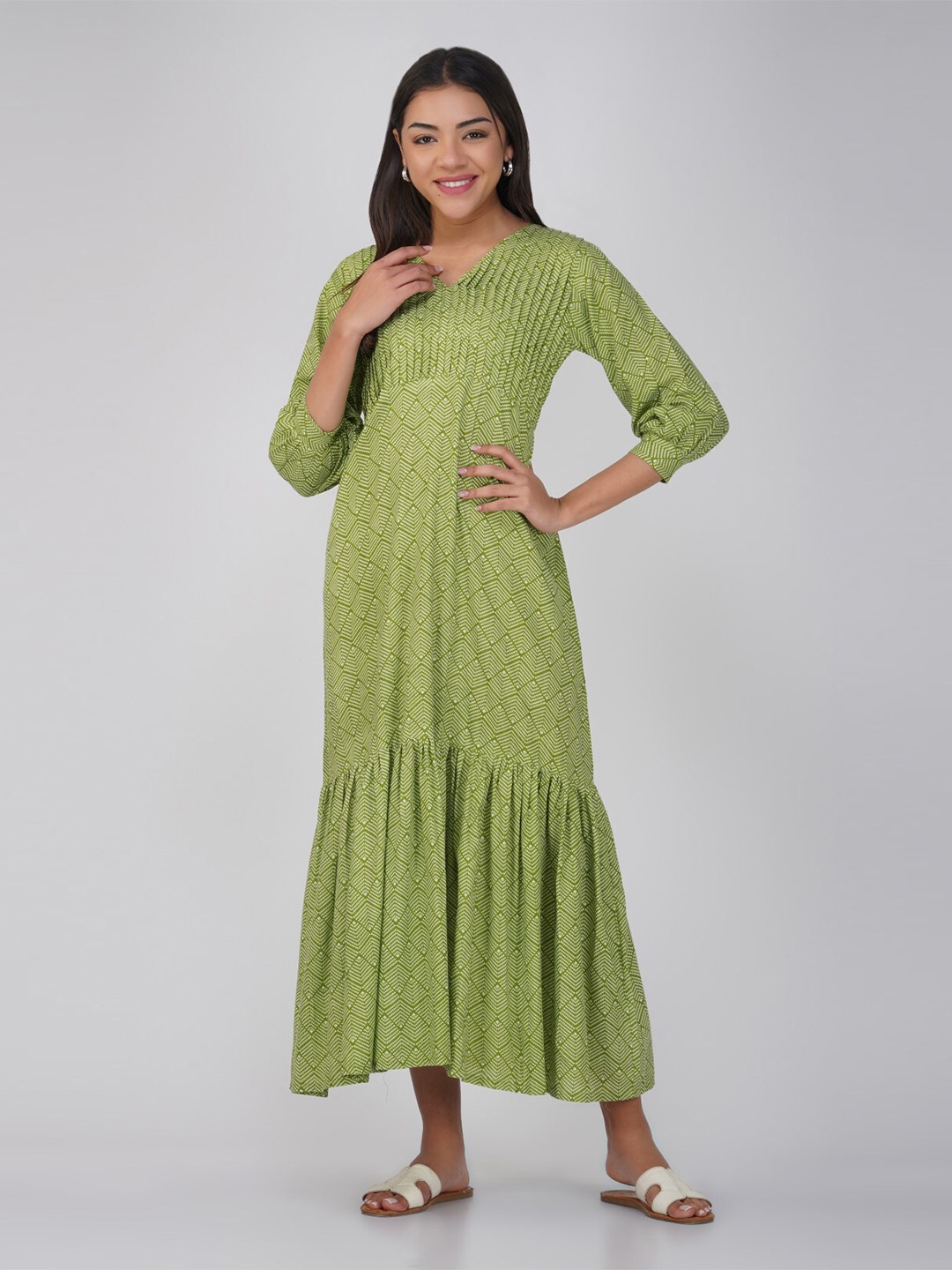 

THE VASILIKI Geometric Printed A-Line Maxi Dress, Green