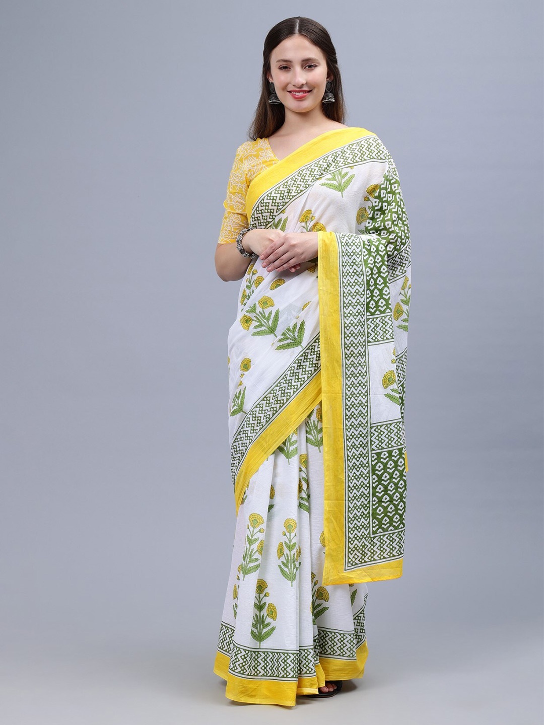 

THE VASILIKI Floral Printed Pure Cotton Saree, White