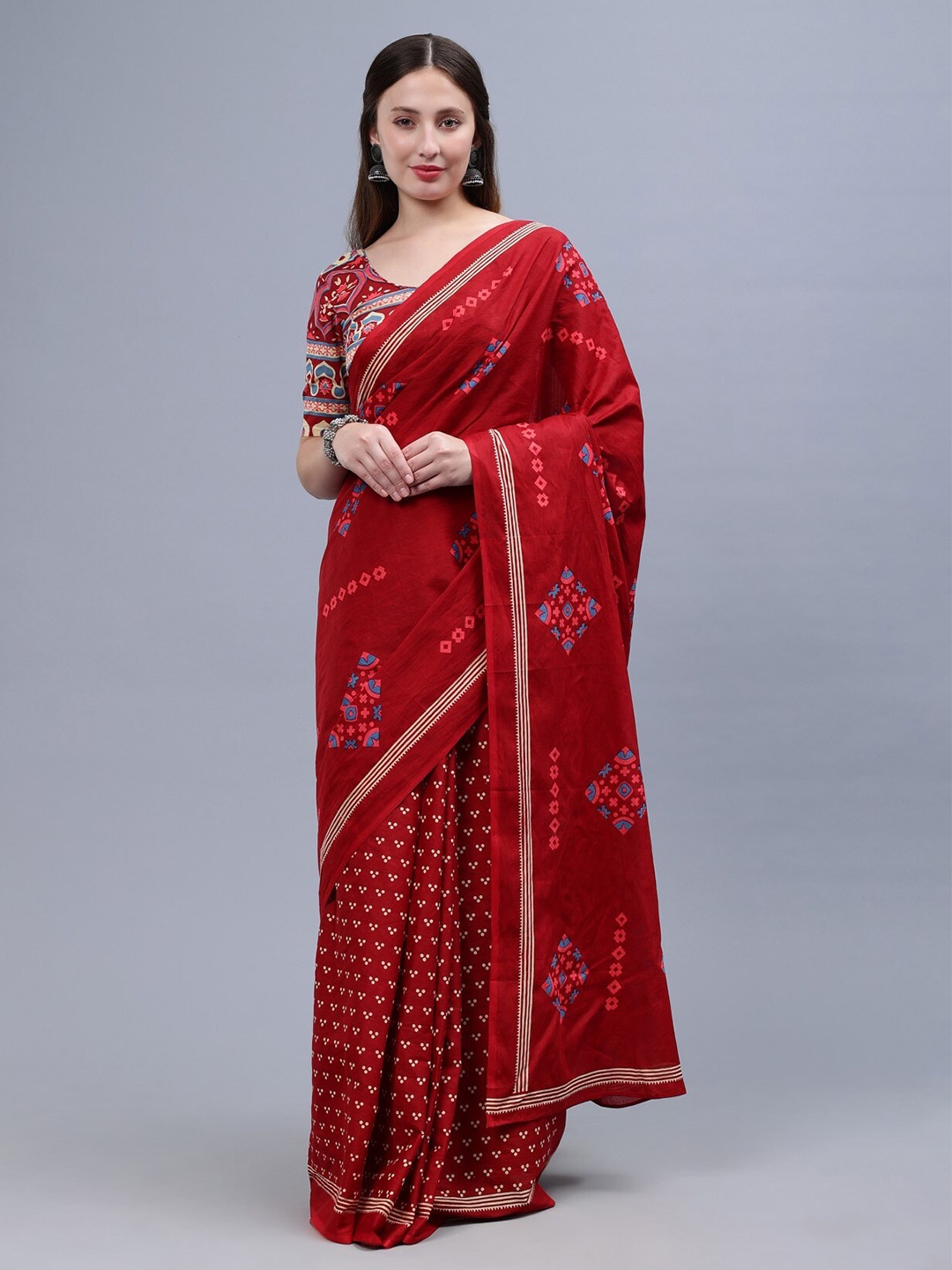 

THE VASILIKI Geometric Printed Mulmul Cotton Saree, Maroon