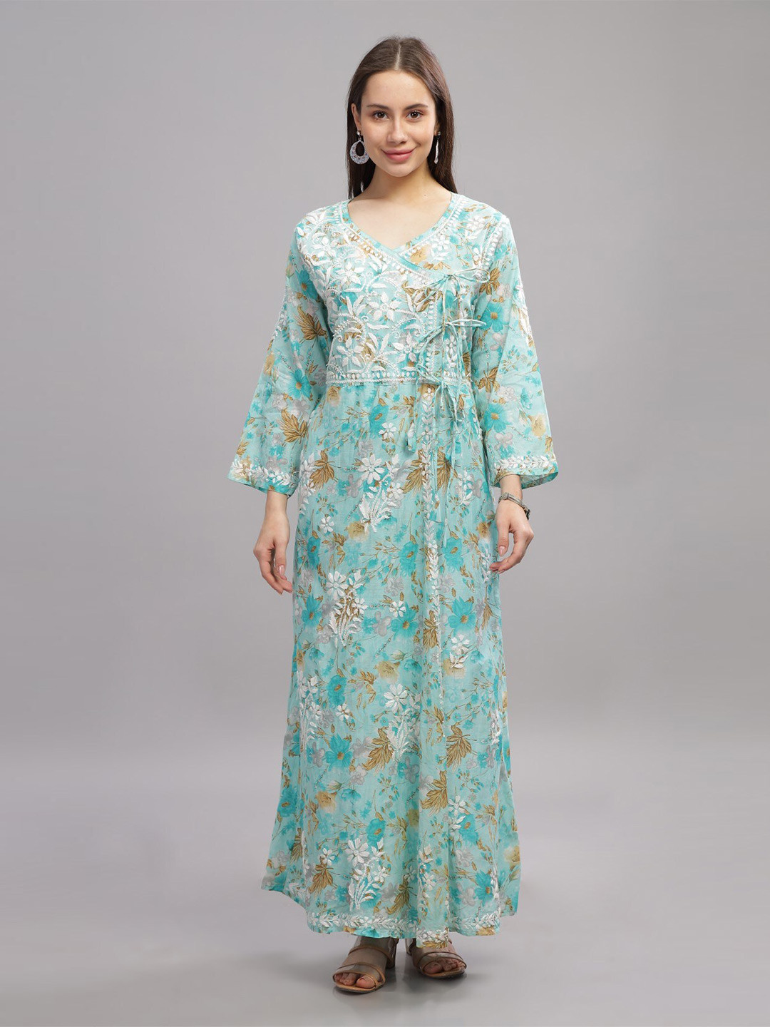 

THE VASILIKI Round Neck Long Flared Sleeves Floral Embroidered Cotton Gown, Blue
