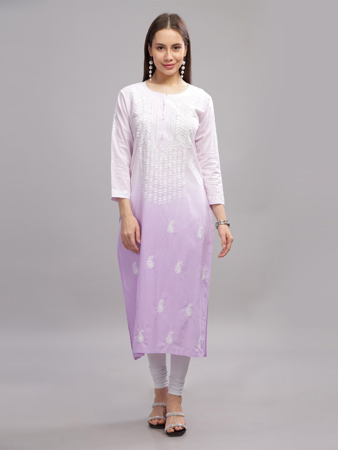 

THE VASILIKI Floral Embroidered Chikankari Mulmul Cotton Straight Kurta, Purple