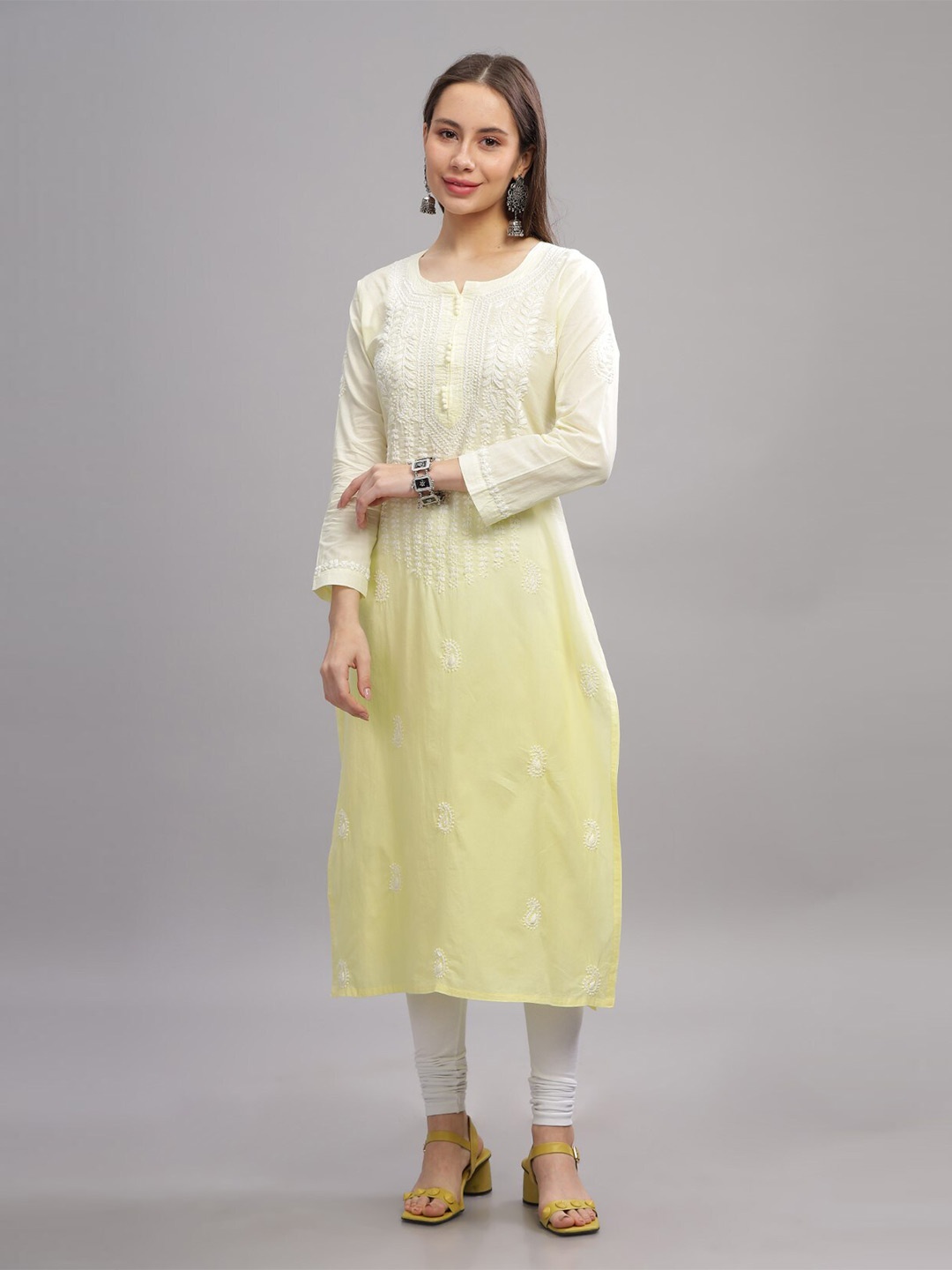 

THE VASILIKI Floral Embroidered Notch Neck Mulmul Cotton Chikankari Straight Kurta, Yellow