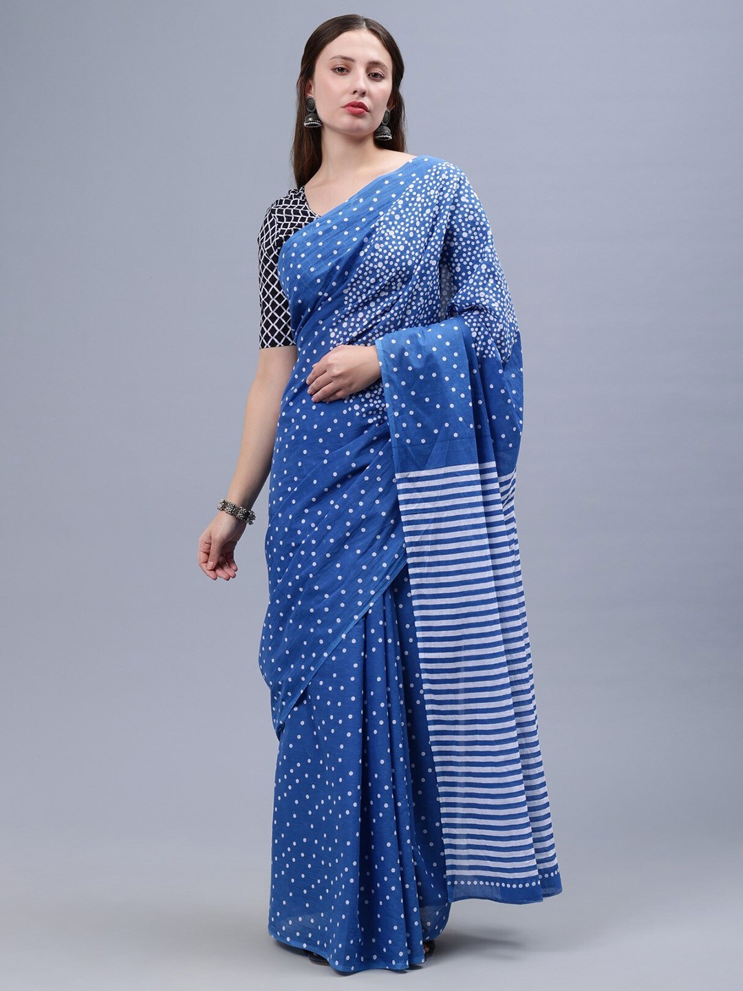 

THE VASILIKI Polka Dot Printed Mulmul Cotton Saree, Blue
