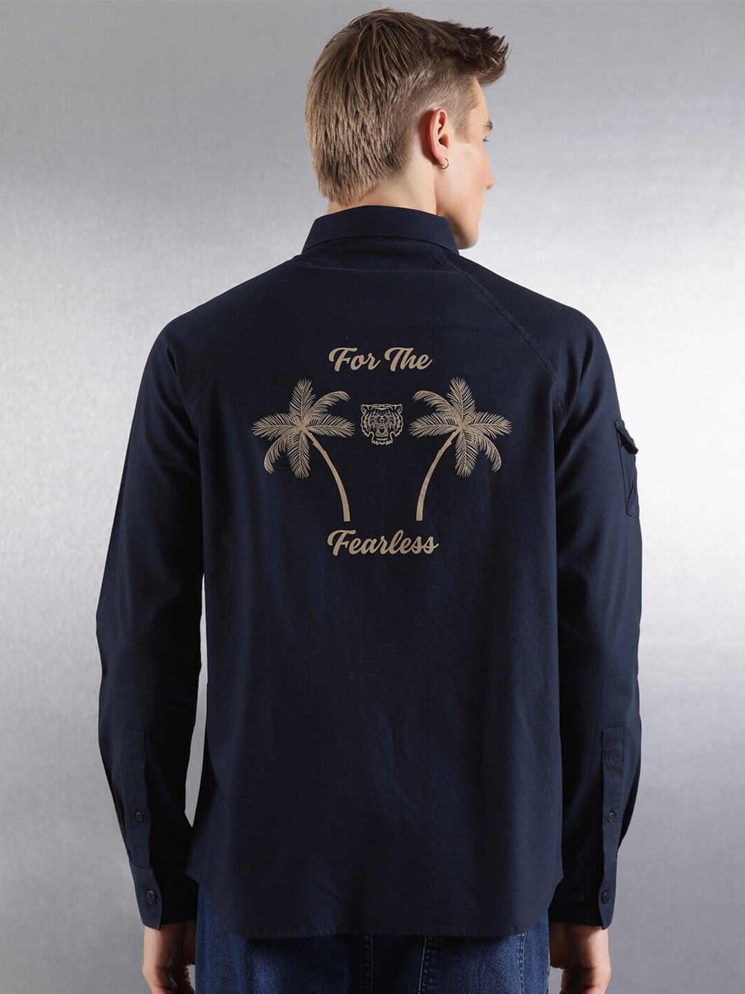 Breakbounce Navy Blue Boxy Graphic Printed Raglan Sleeves Oxford Cotton Casual Shirt
