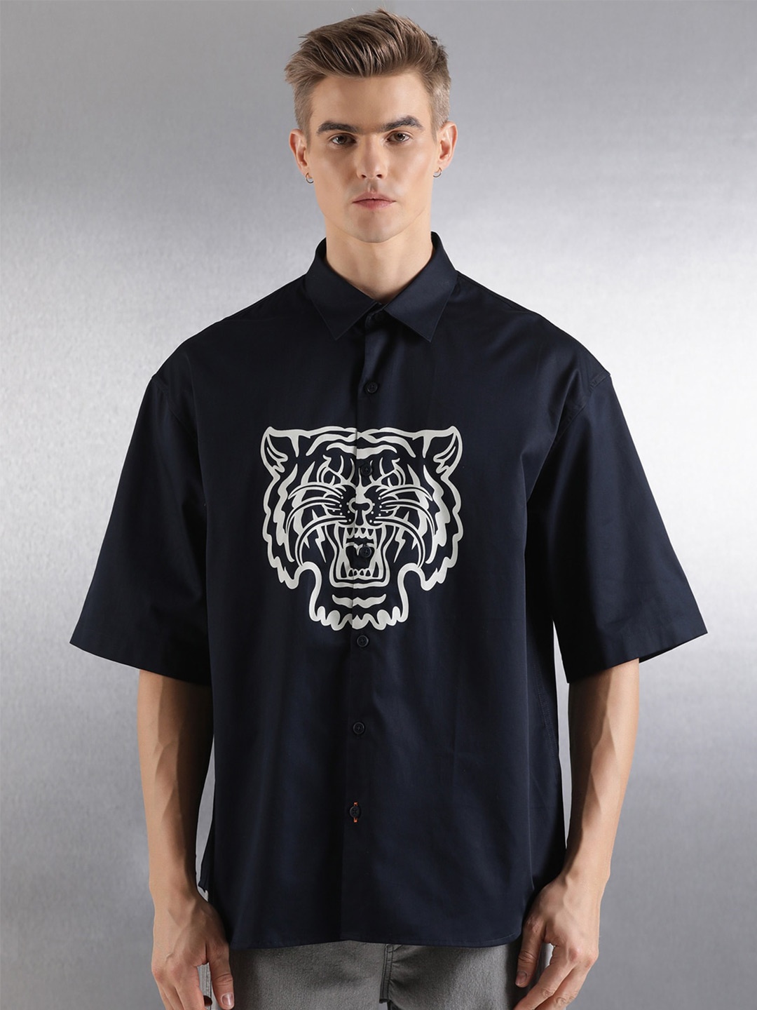 

Breakbounce Navy Blue Graphic Printed Drop-Shoulder Sleeves Cotton Oversized Casual Shirt