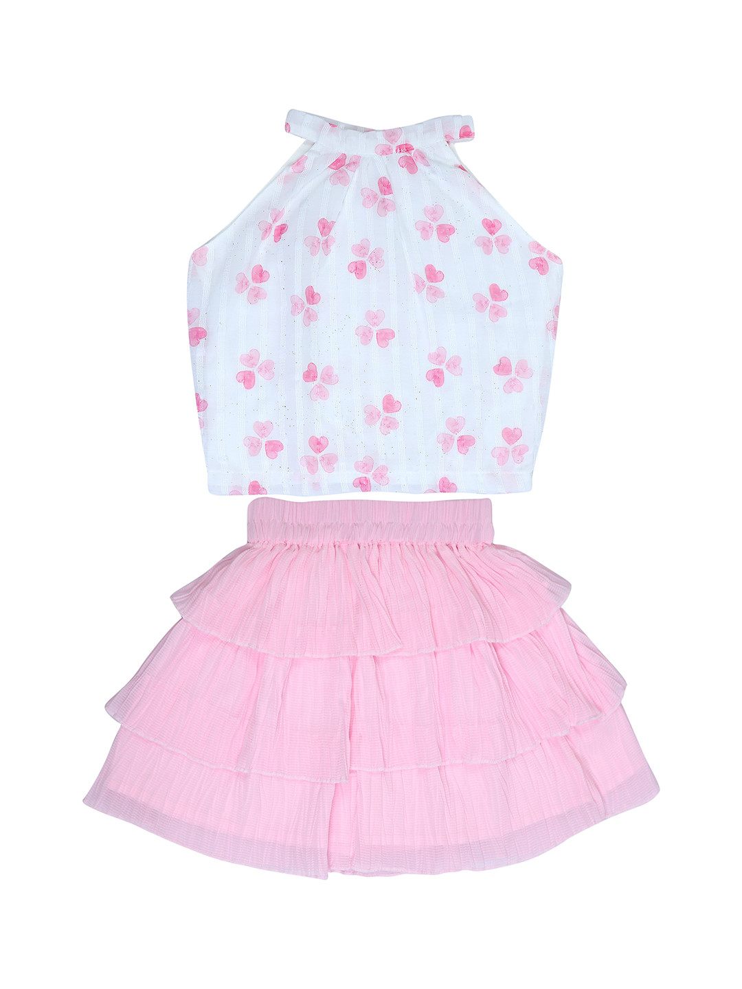

Doodle Girls Floral Printed Halter Neck Crop Top with Skirt, Pink