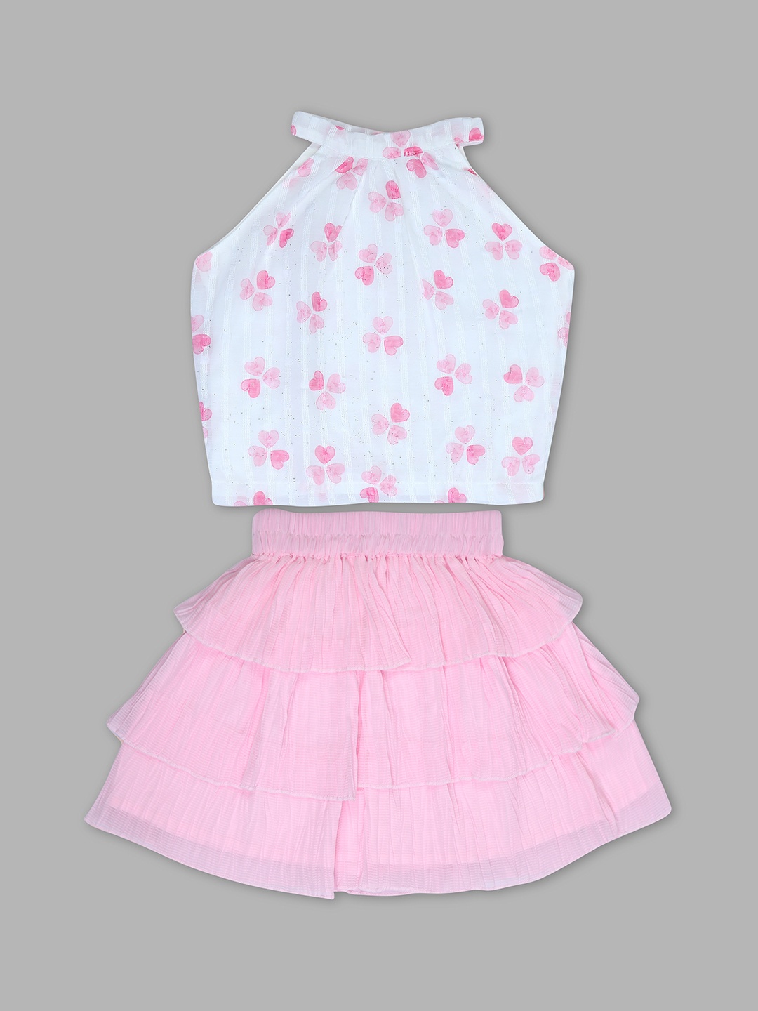 

Doodle Girls Floral Printed Halter Neck Crop Top with Skirt, Pink