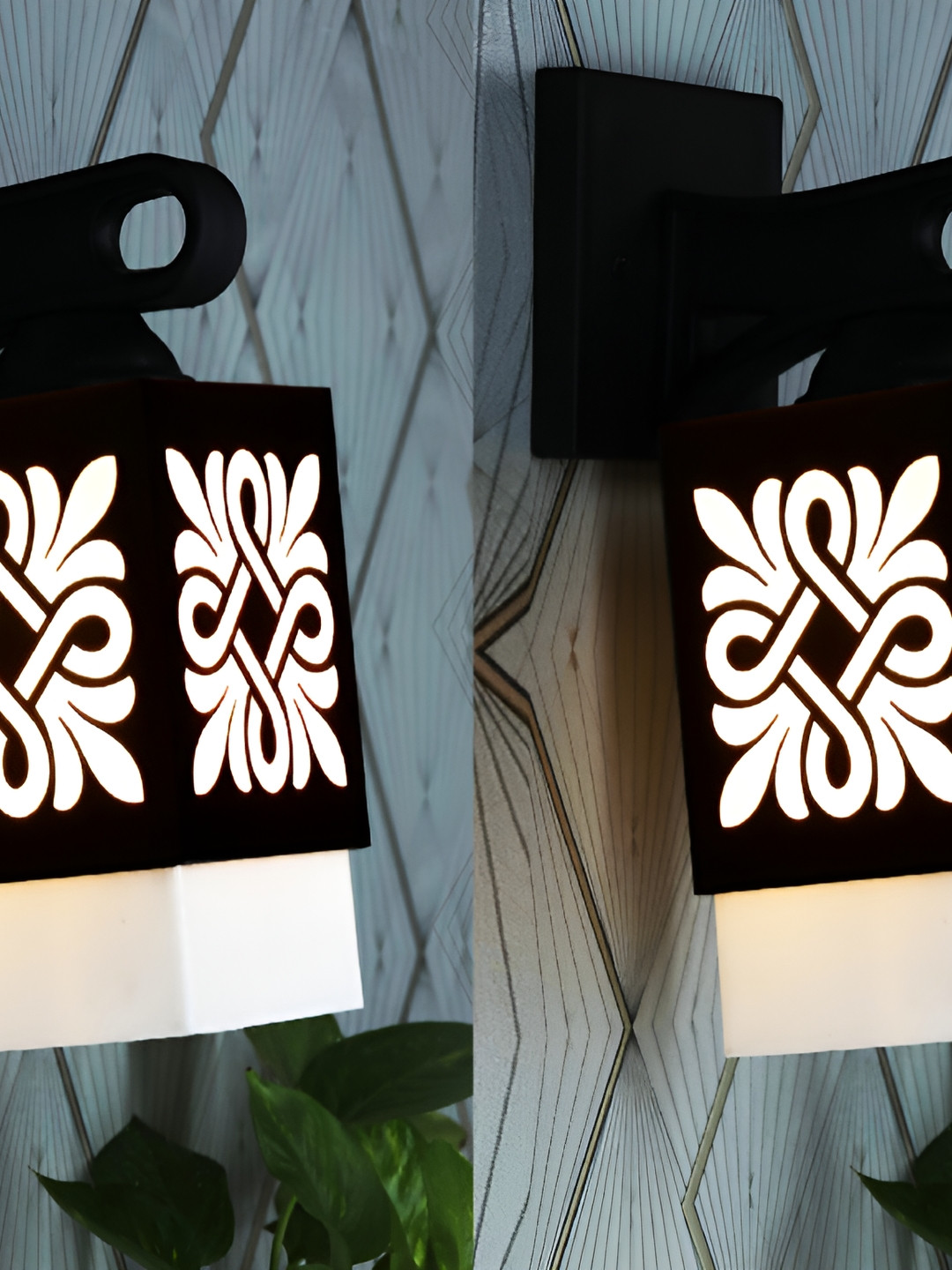 

1ST TIME White & Black 2 Pieces Textured Wooden Square Shaped Wall Lamps