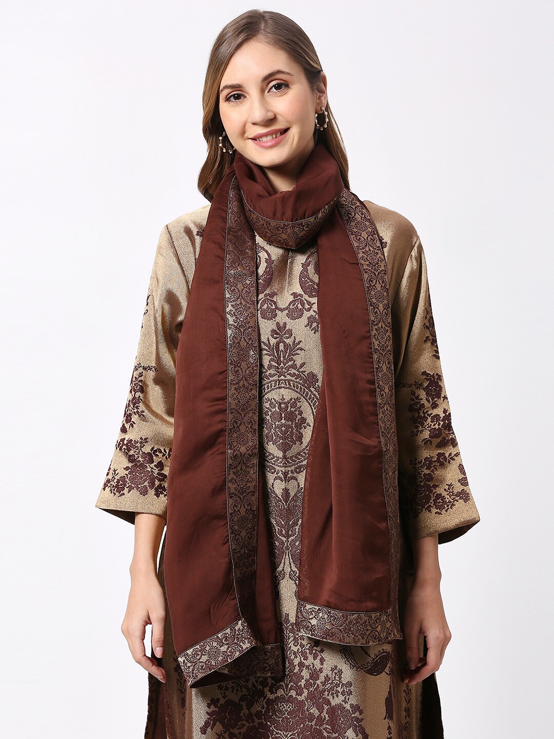 

Cloth Haus India Women Brocade Border Scarf, Brown