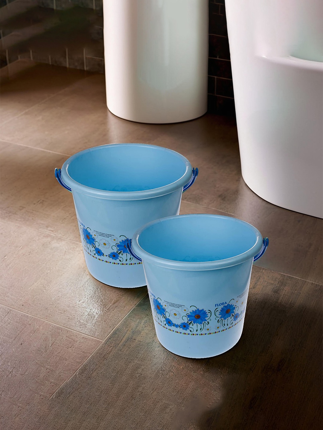 

Kuber Industries Blue 2 Pieces Floral Printed Unbreakable Bucket