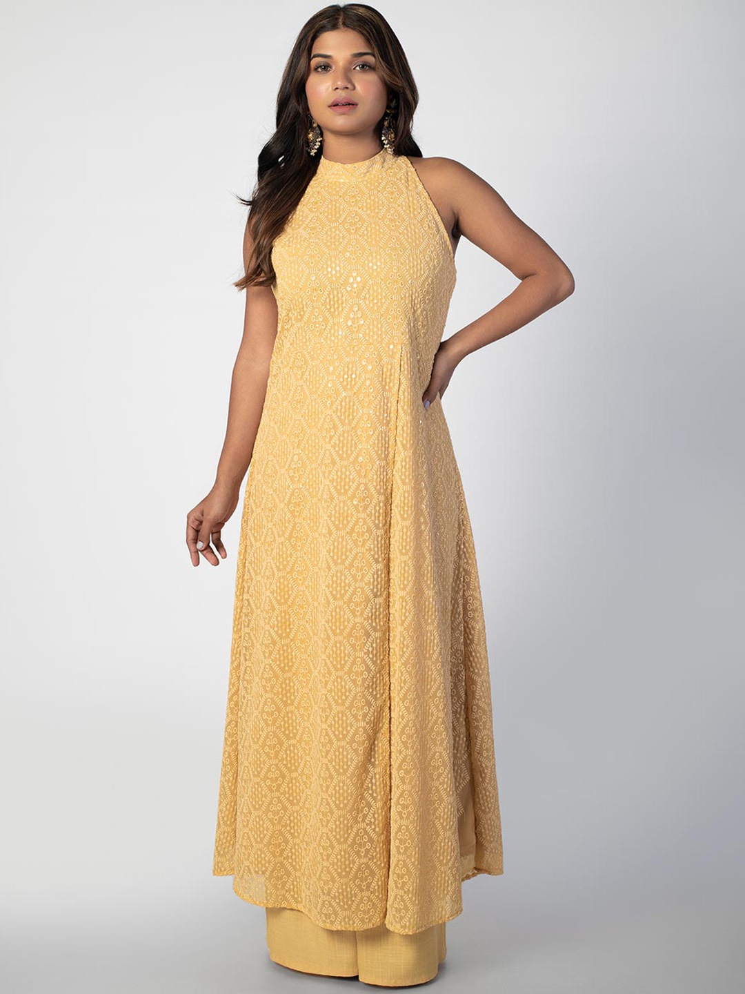 

NUD Ethnic Motifs Embroidered Halter Neck Georgette A-Line Chikankari Kurta With Palazzos, Beige