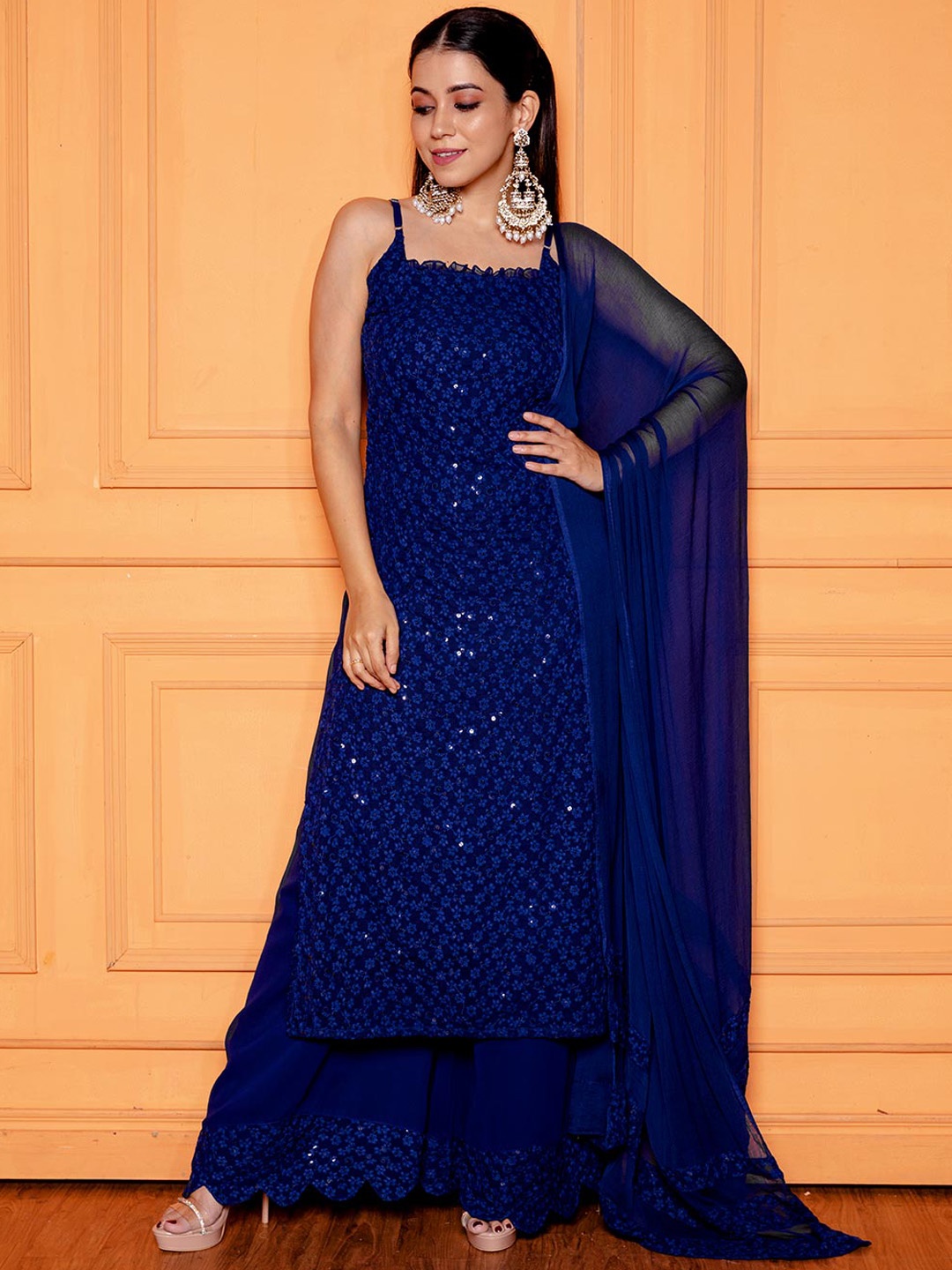 

NUD Floral Embroidered Regular Sequinned Straight Kurta With Palazzos & Dupatta, Navy blue