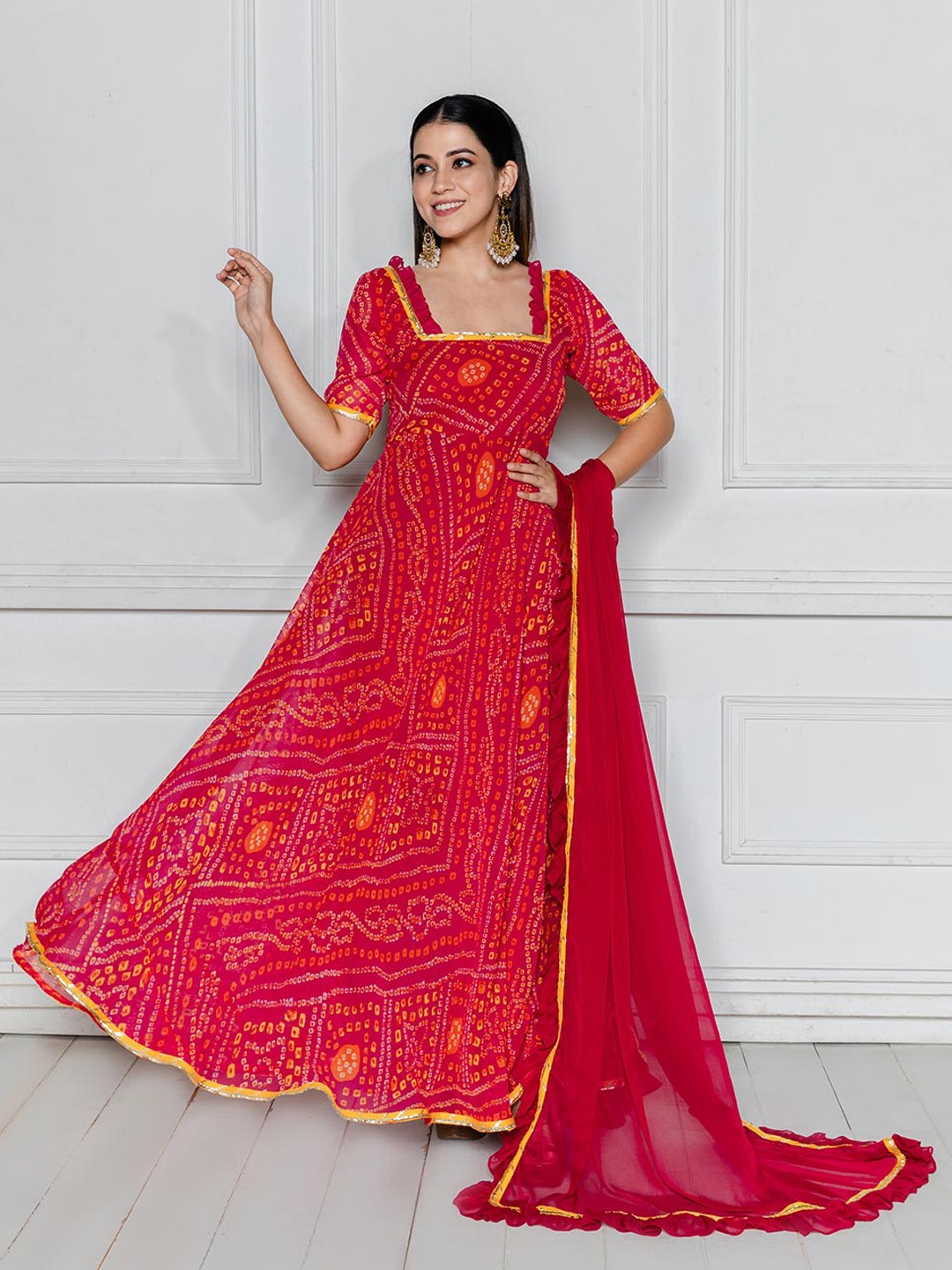 

NUD Bandhani Printed Georgette Anarkali Kurta With Dupatta, Pink