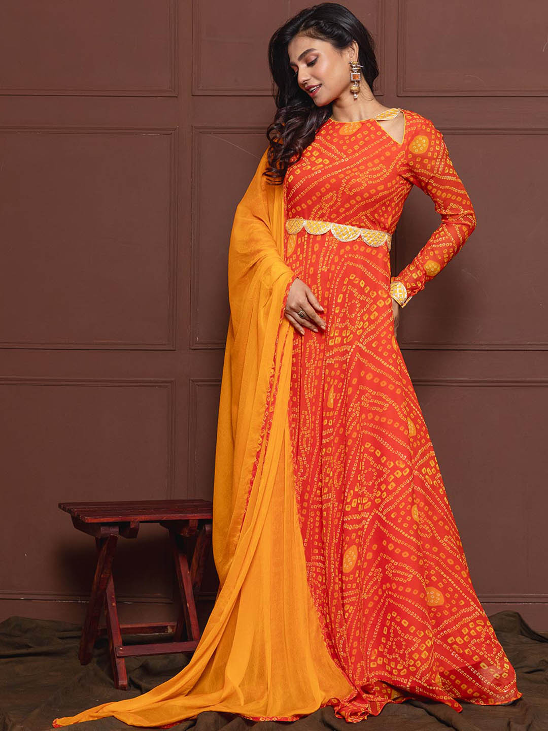 

NUD Bandhani Printed Georgette Anarkali Kurta With Dupatta, Orange