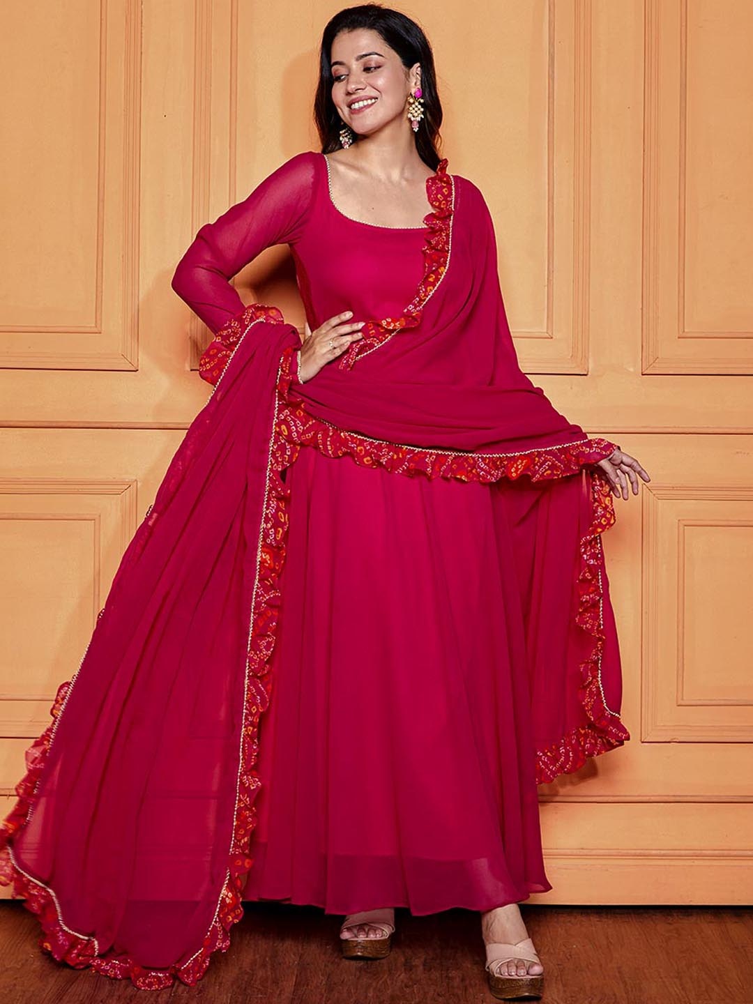 

NUD Round Neck Georgette Anarkali Kurta With Dupatta, Pink