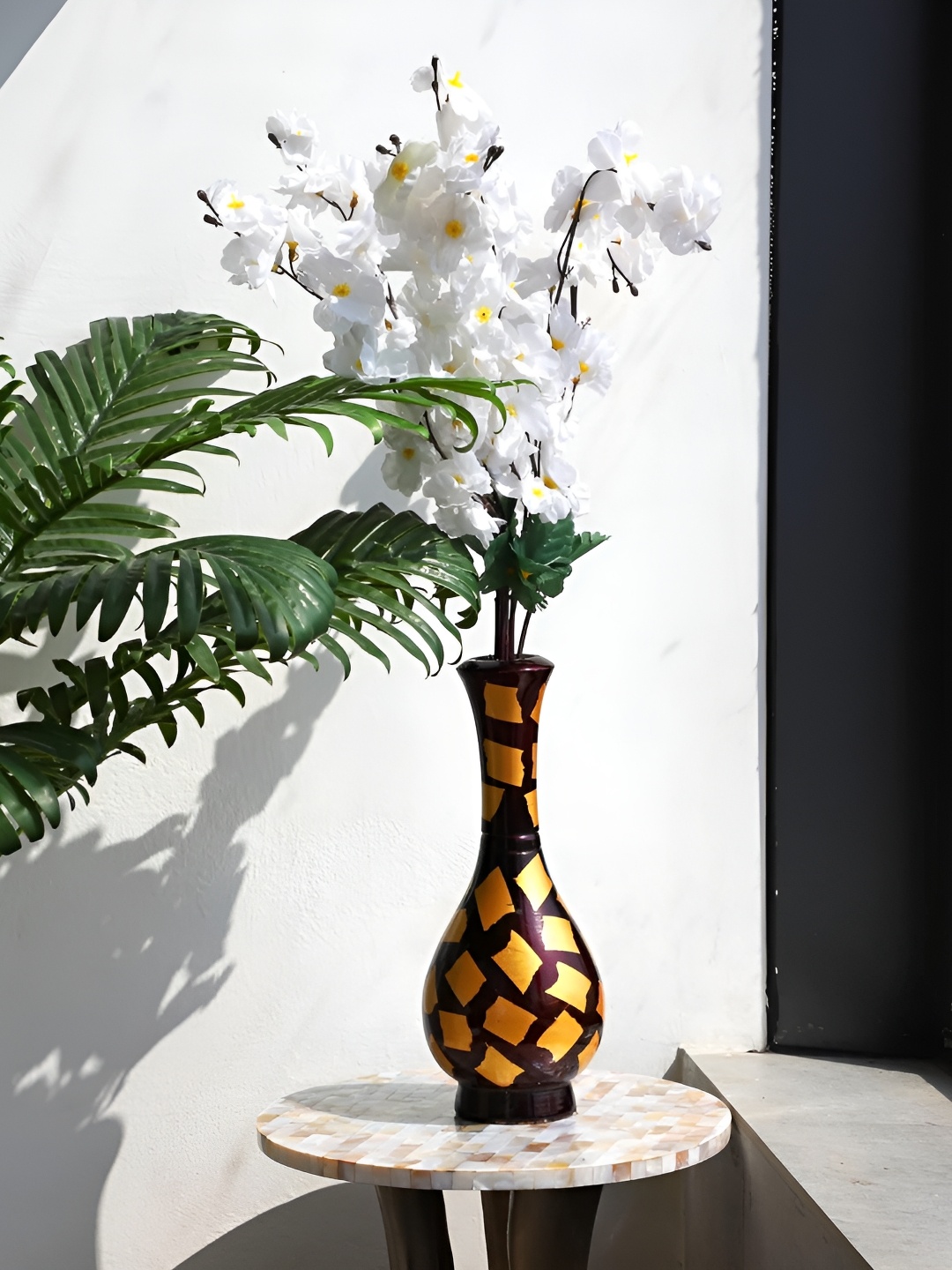 

INDIA MEETS INDIA Brown & Yellow Textured Wooden Vase, Gold