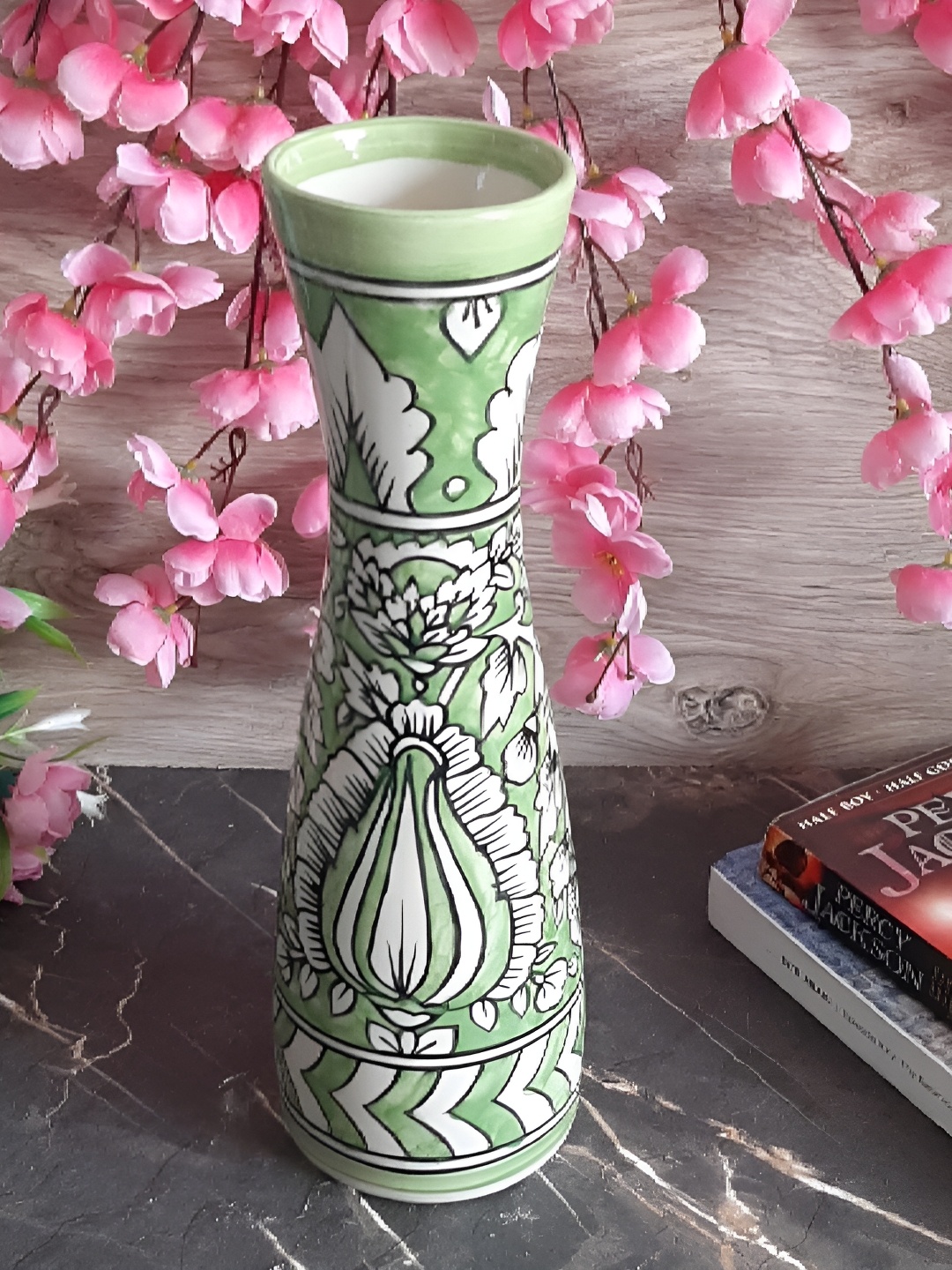 

INDIA MEETS INDIA Green & White Floral Printed Ceramic Vase