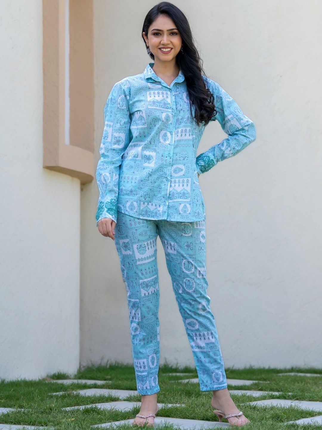 

HOUSE OF JAMOTI Printed Pure Cotton Shirt & Trosuers Co-Ords Set, Turquoise blue