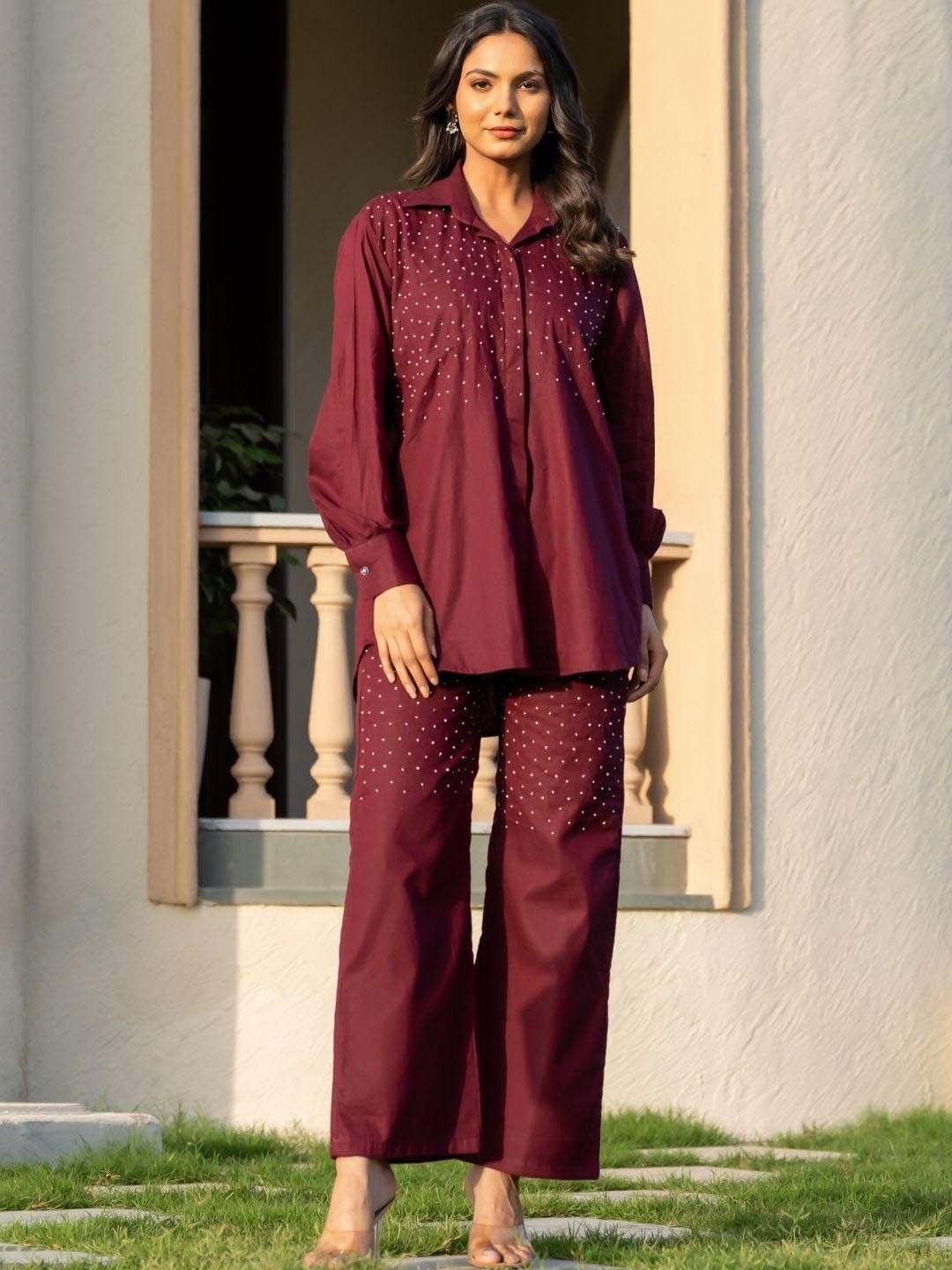 

HOUSE OF JAMOTI Embroidered Pure Cotton Shirt & Trouser Co-Ord Set, Maroon