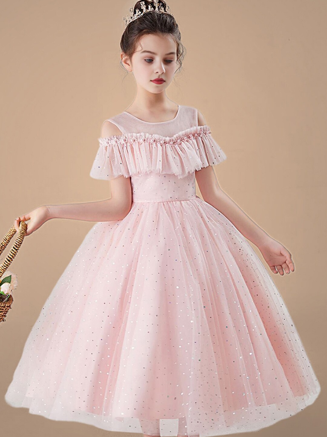 

INCLUD Girls Embellished Cold-Shoulder Sleeves Ruffled Maxi Dress, Pink