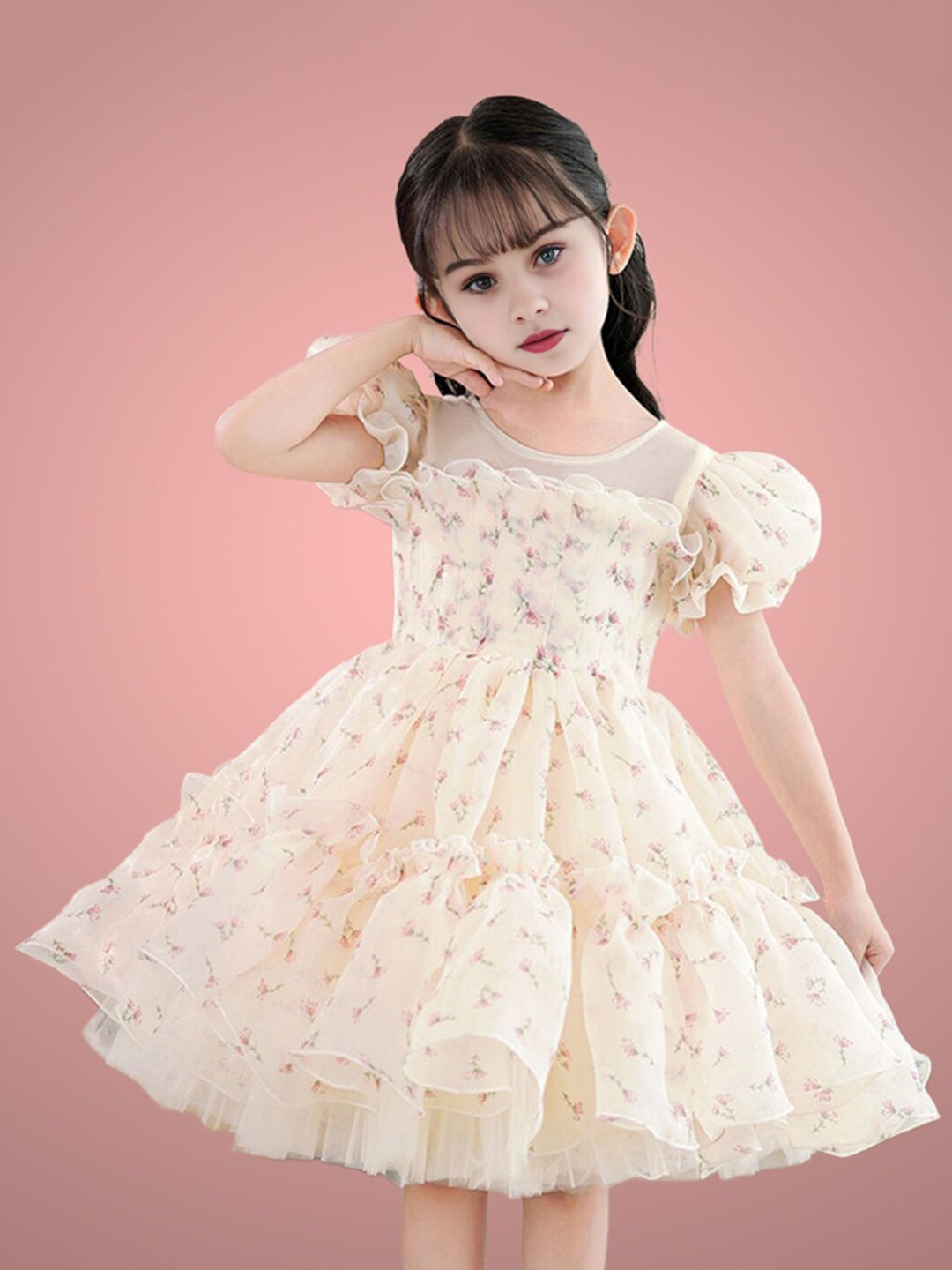 

INCLUD Girls Floral Printed Puff Sleeves Tiered Dress, Beige