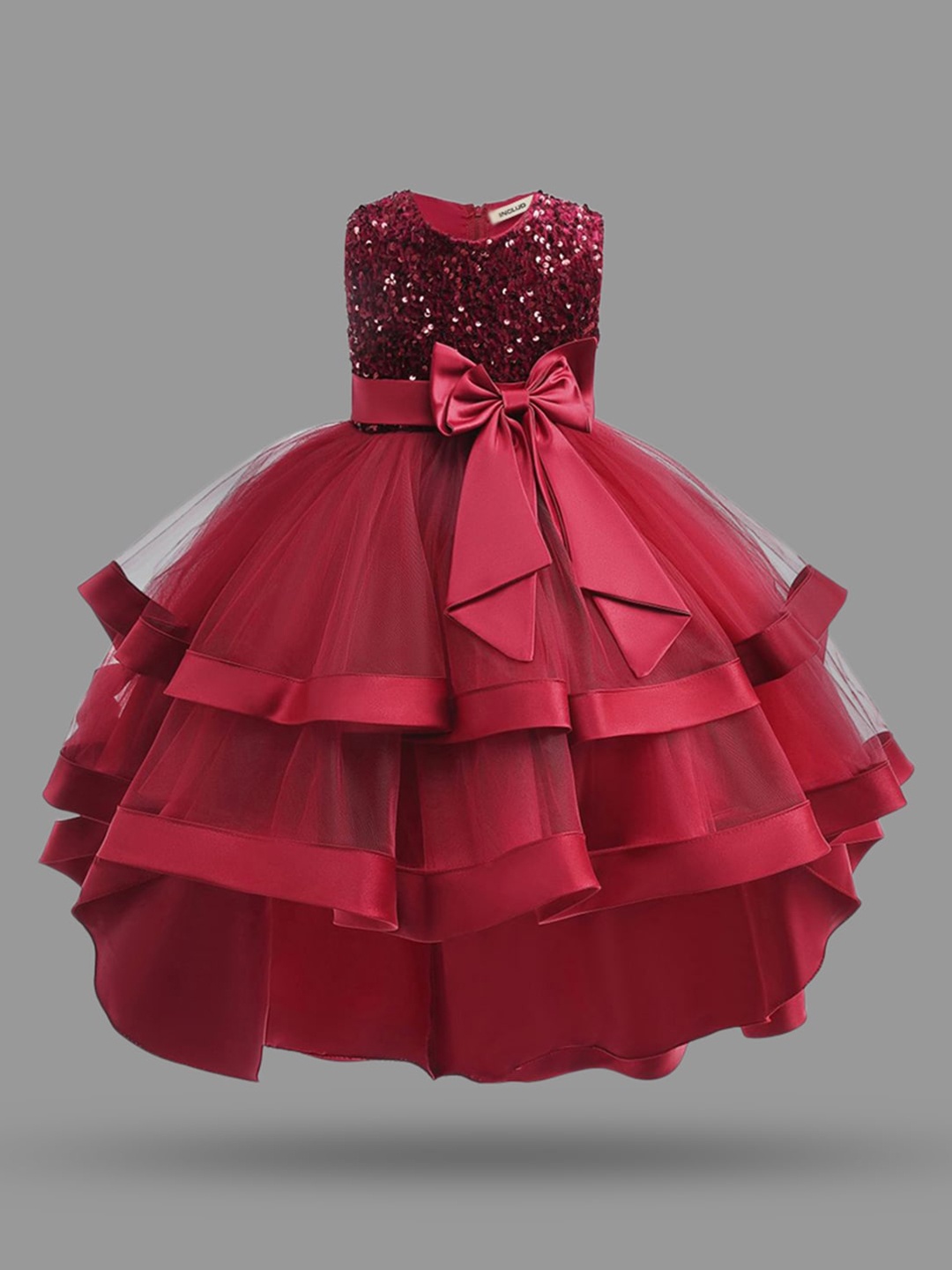 INCLUD Girls Embellished Sleeveless Layered Bow Maxi Dress, Red
