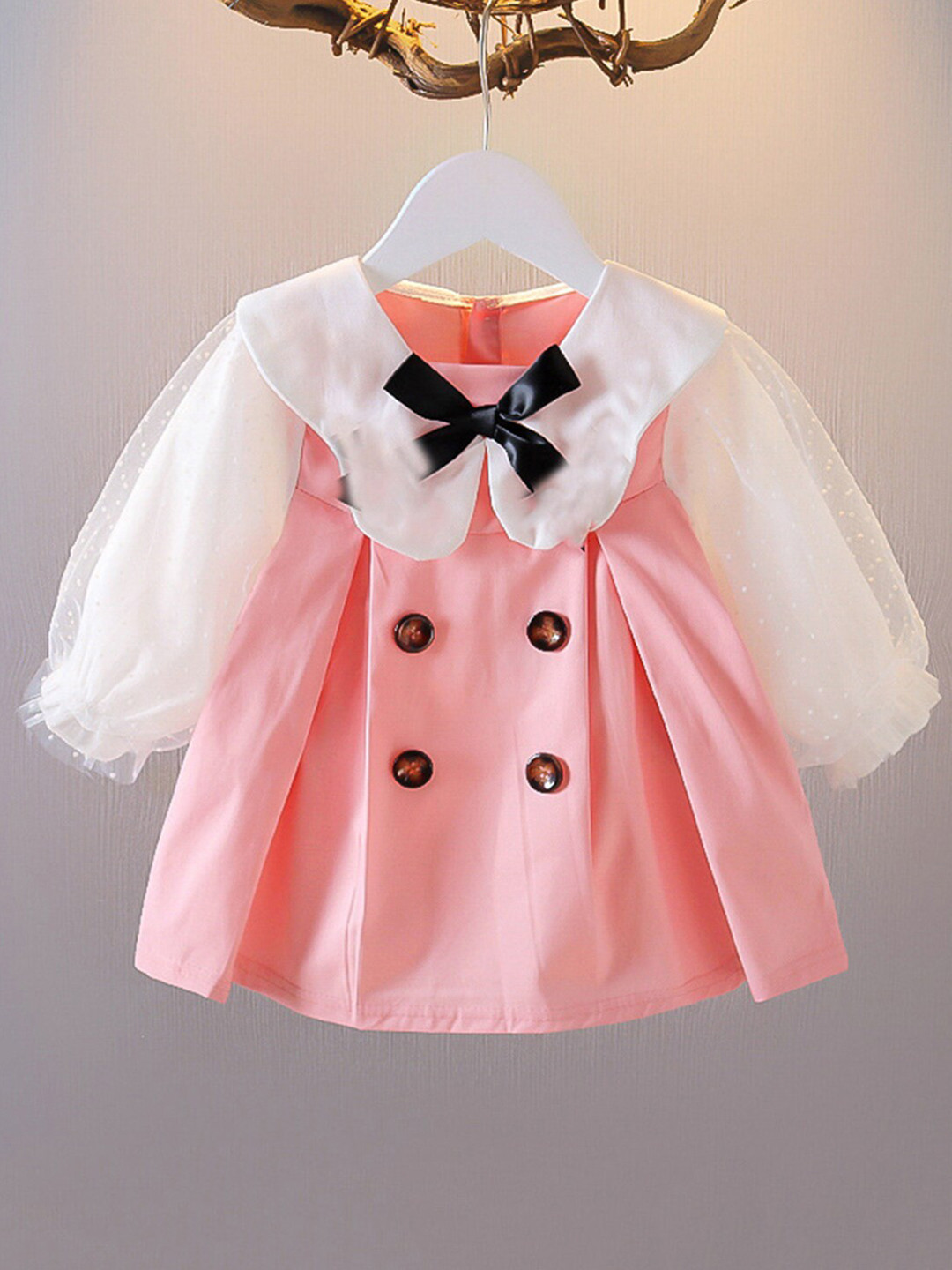 

INCLUD Girls Puff Sleeves Peter Pan Collar Cotton Cambric Bow Fit & Flare Dress, Pink