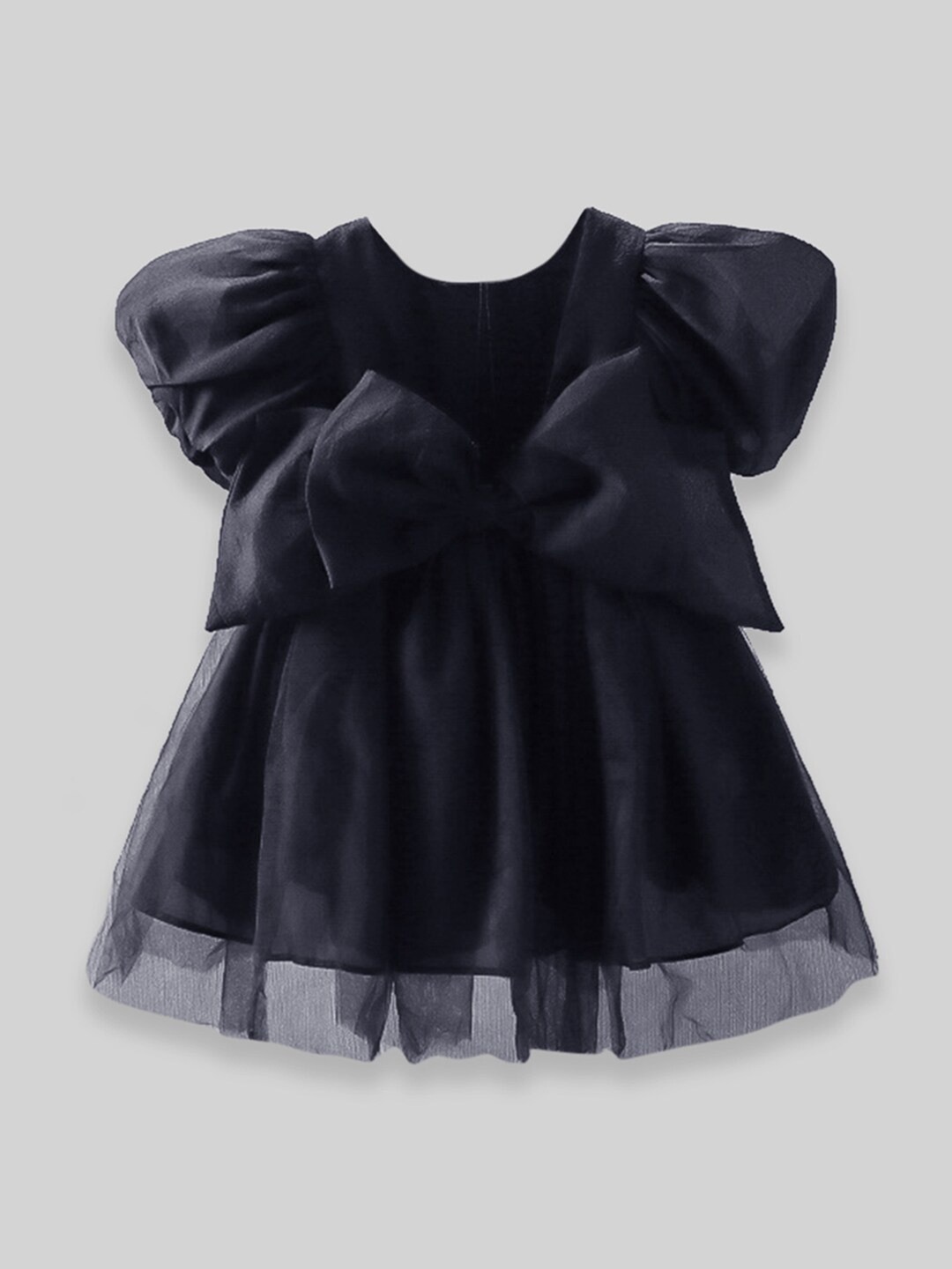 

INCLUD Girls Puff Sleeves Cotton Cambric Net Bow Fit & Flare Dress, Black