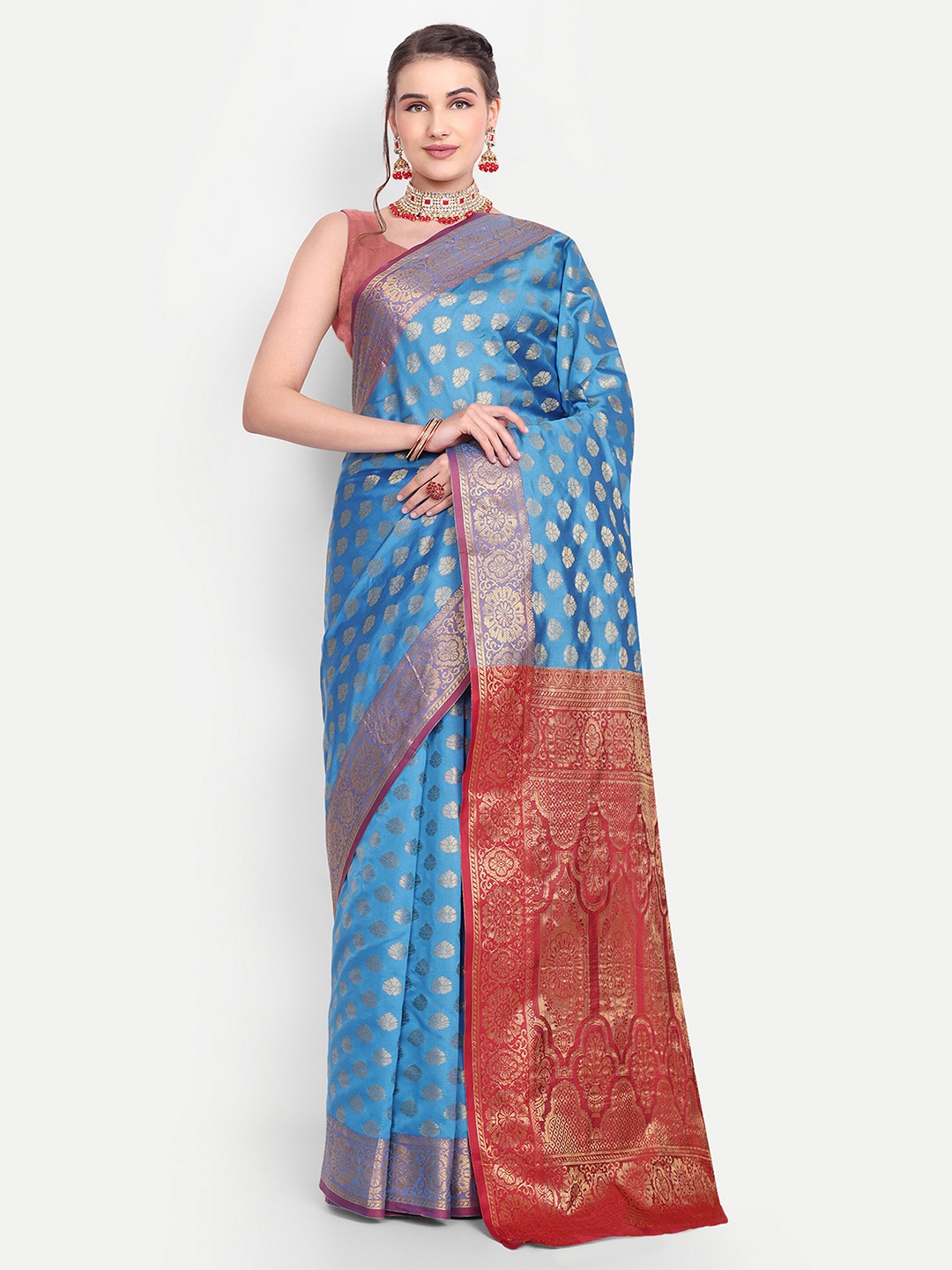 

AKSH FASHION Floral Woven Design Zari Leheriya Saree, Turquoise blue