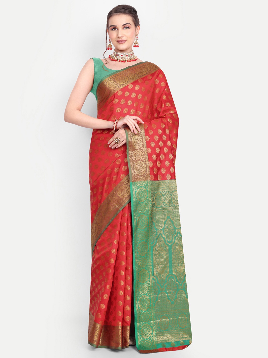 

AKSH FASHION Ethnic Motifs Woven Design Zari Art Silk Saree, Red