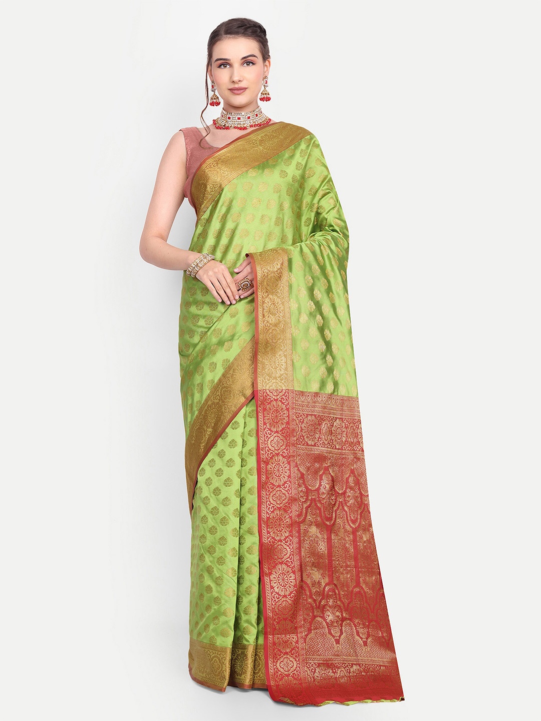 

AKSH FASHION Woven Design Zari Leheriya Saree, Sea green