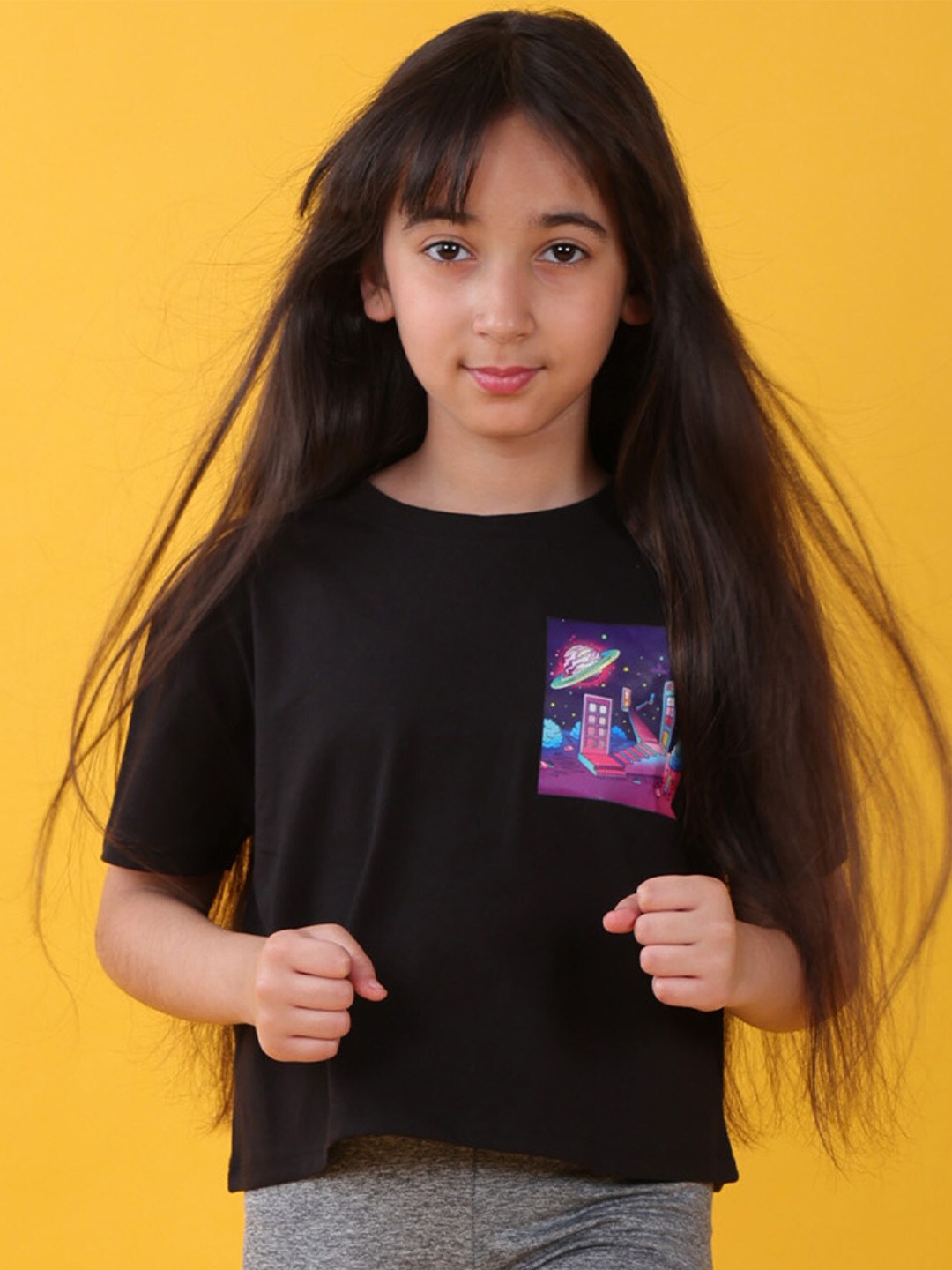 

Anthrilo Girls Graphic Printed Drop Shoulder Pure Cotton T-shirt, Black