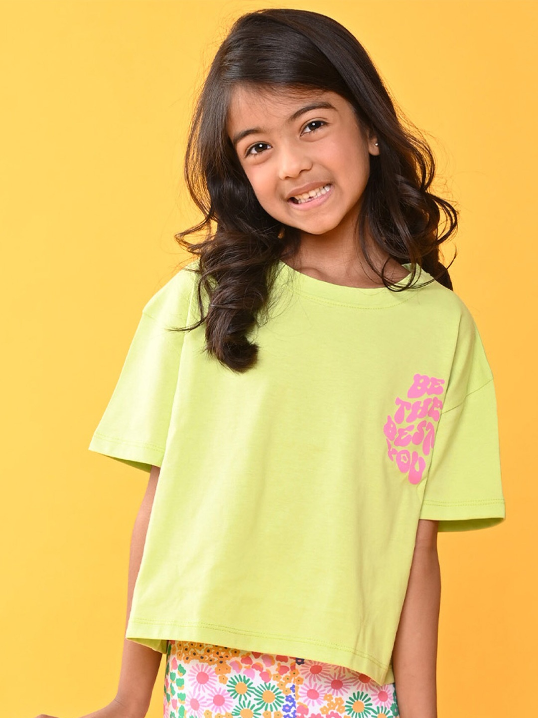 

Anthrilo Girls Typography Printed Pure Cotton Boxy T-shirt, Green