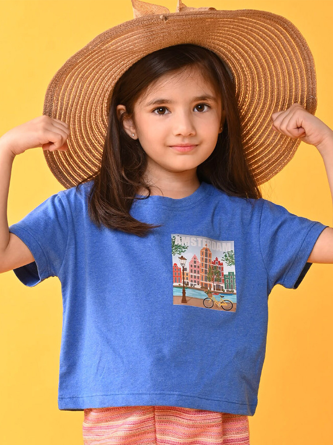 

Anthrilo Girls Graphic Printed Drop Shoulder Sleeves Pure Cotton T-shirt, Blue