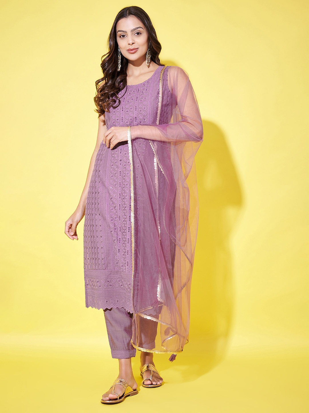 

Shopping Queen Round Neck Floral Embroidered Regular Sequinned Kurta Set, Purple