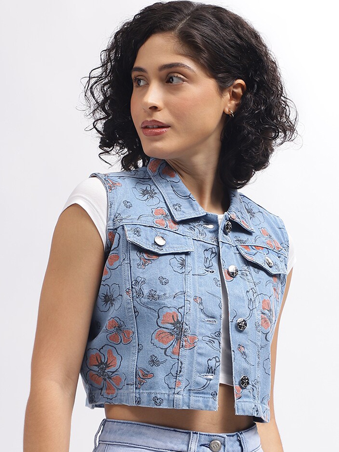 

ELLE Floral Printed Sleeveless Pure Cotton Crop Denim Jacket, Blue