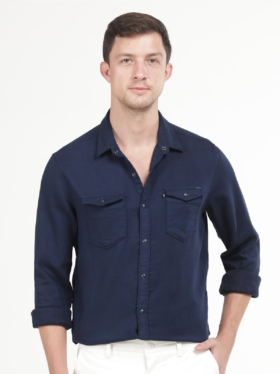 

POE Smart Slim Fit Long Sleeves Pure Cotton Casual Shirt, Navy blue